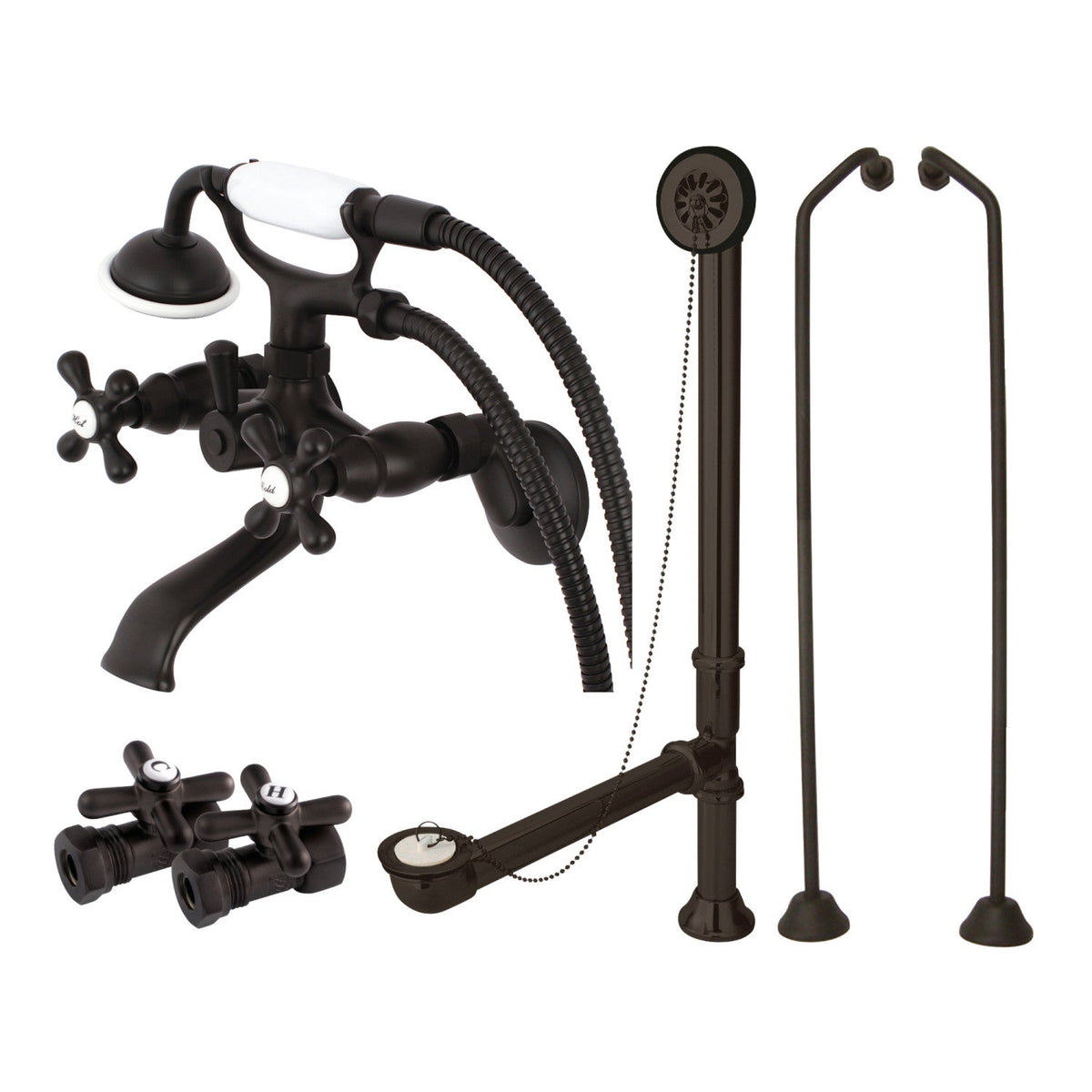 Vintage Wall Mount Clawfoot Tub Faucet Package with Supply Line, Hand Shower and Tub Drain in Oil Rubbed Bronze