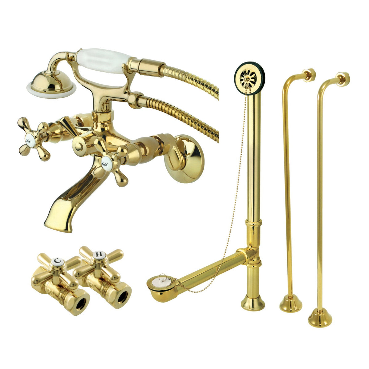 Vintage Wall Mount Clawfoot Tub Faucet Package with Supply Line, Hand Shower and Tub Drain in Polished Brass