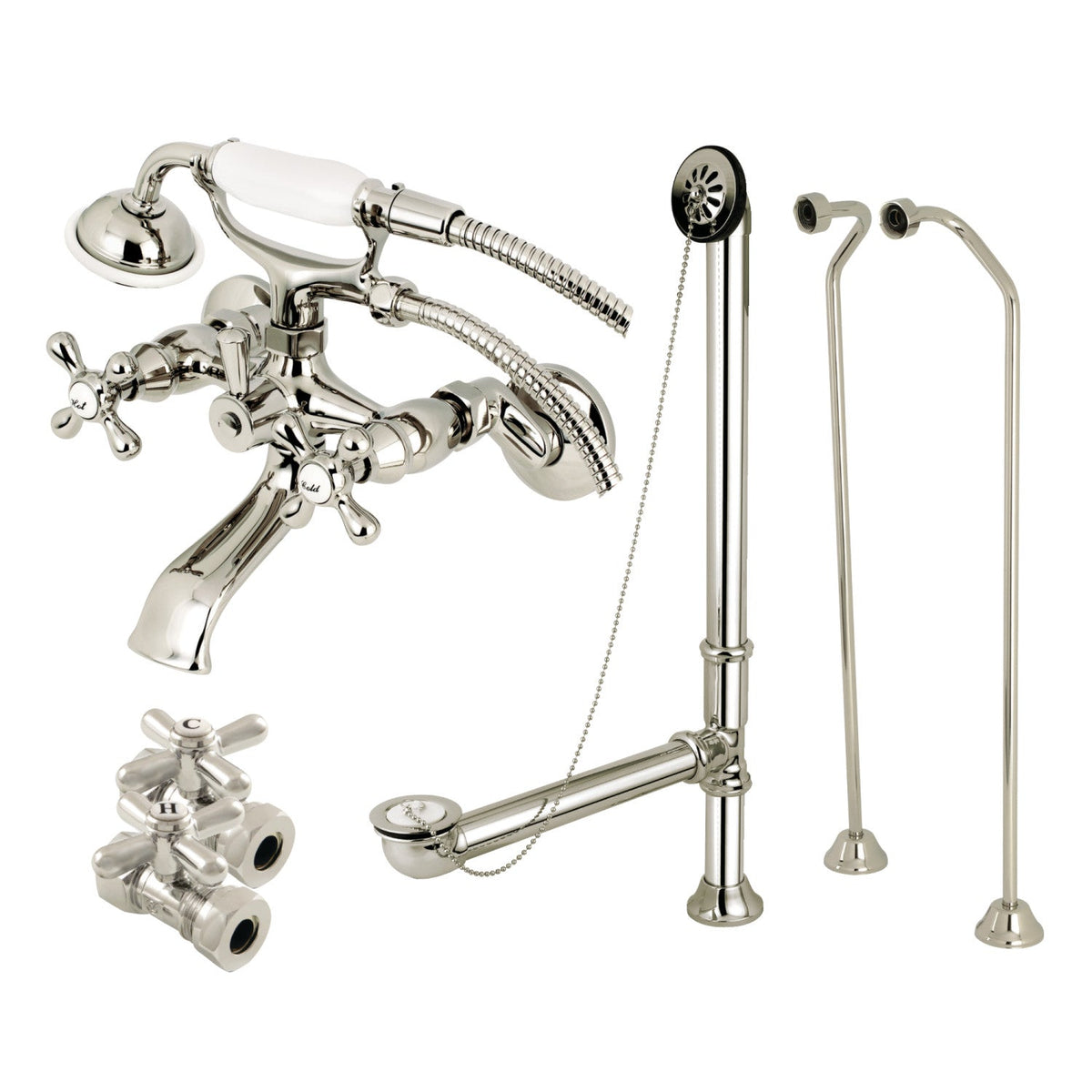 Vintage Wall Mount Clawfoot Tub Faucet Package with Supply Line, Hand Shower and Tub Drain in Polished Nickel
