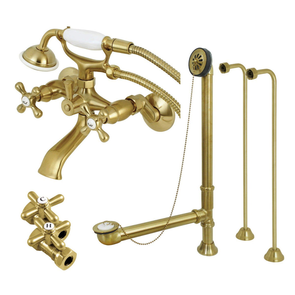 Vintage Wall Mount Clawfoot Tub Faucet Package with Supply Line, Hand Shower and Tub Drain in Brushed Brass