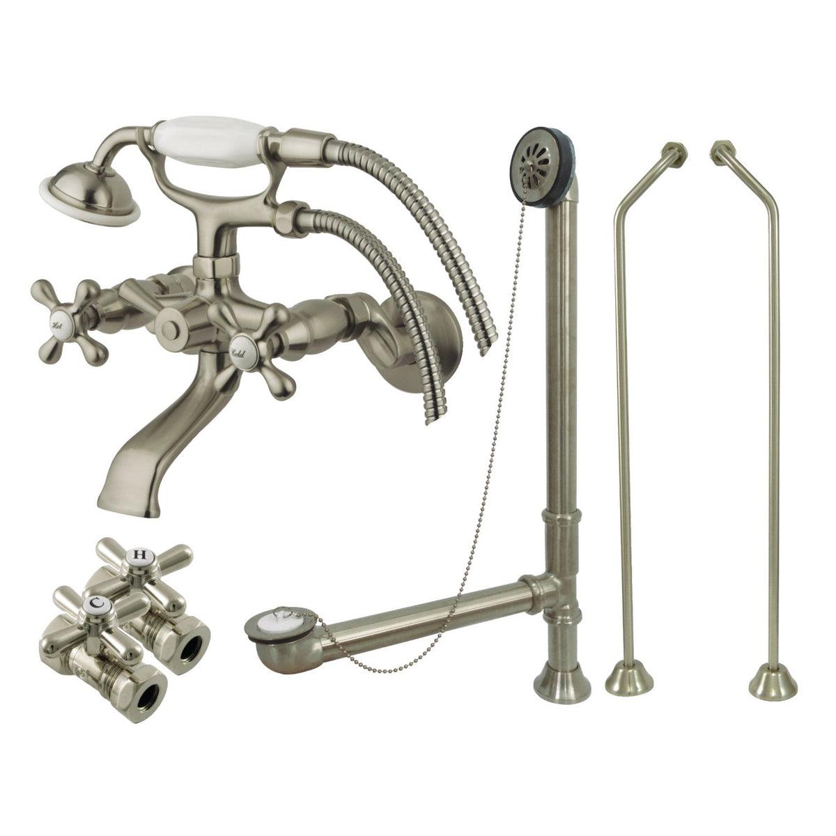 Vintage Wall Mount Clawfoot Tub Faucet Package with Supply Line, Hand Shower and Tub Drain in Brushed Nickel