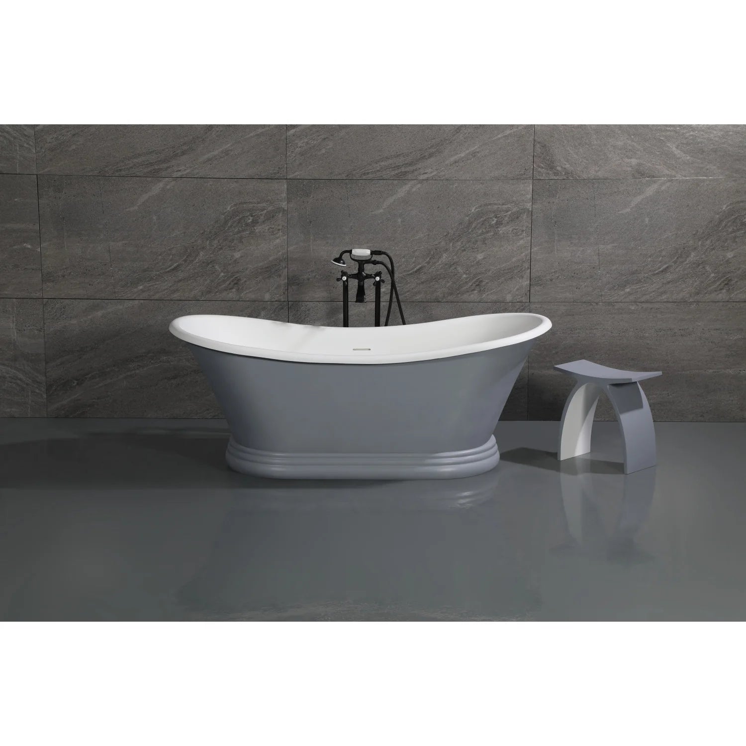 Freestanding matte black tub faucet centered over a white oval soaking tub