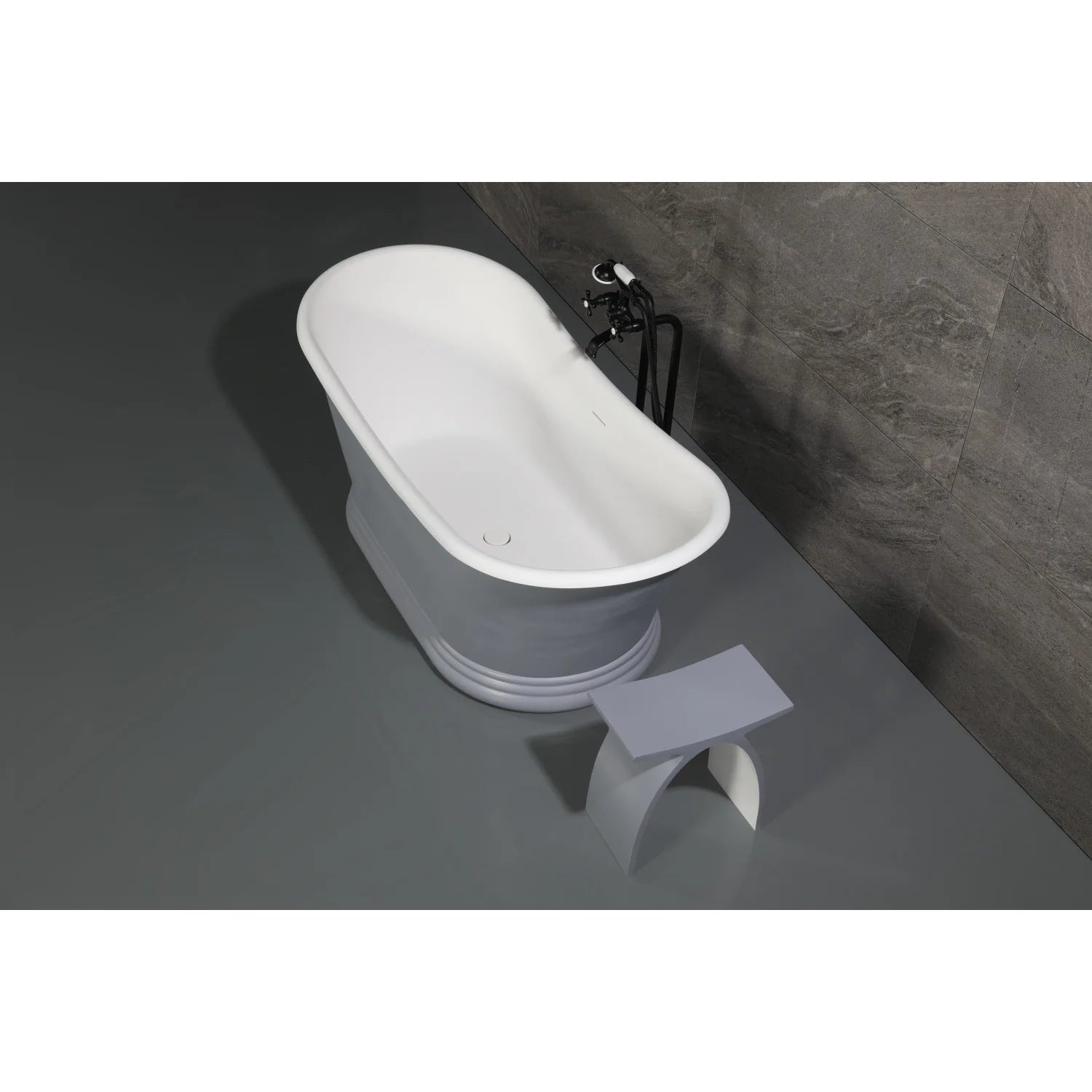 Matte black freestanding tub faucet with cross handles on a white oval tub and deck filler