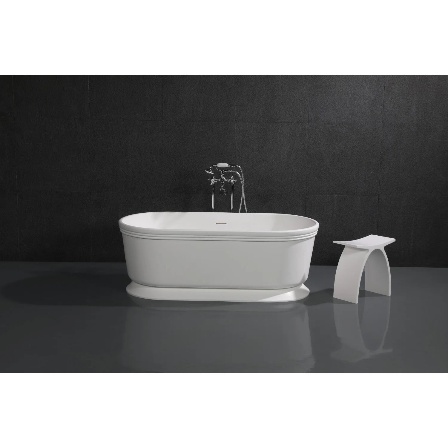 Polished chrome freestanding tub faucet with spout and cross handles on floor stand