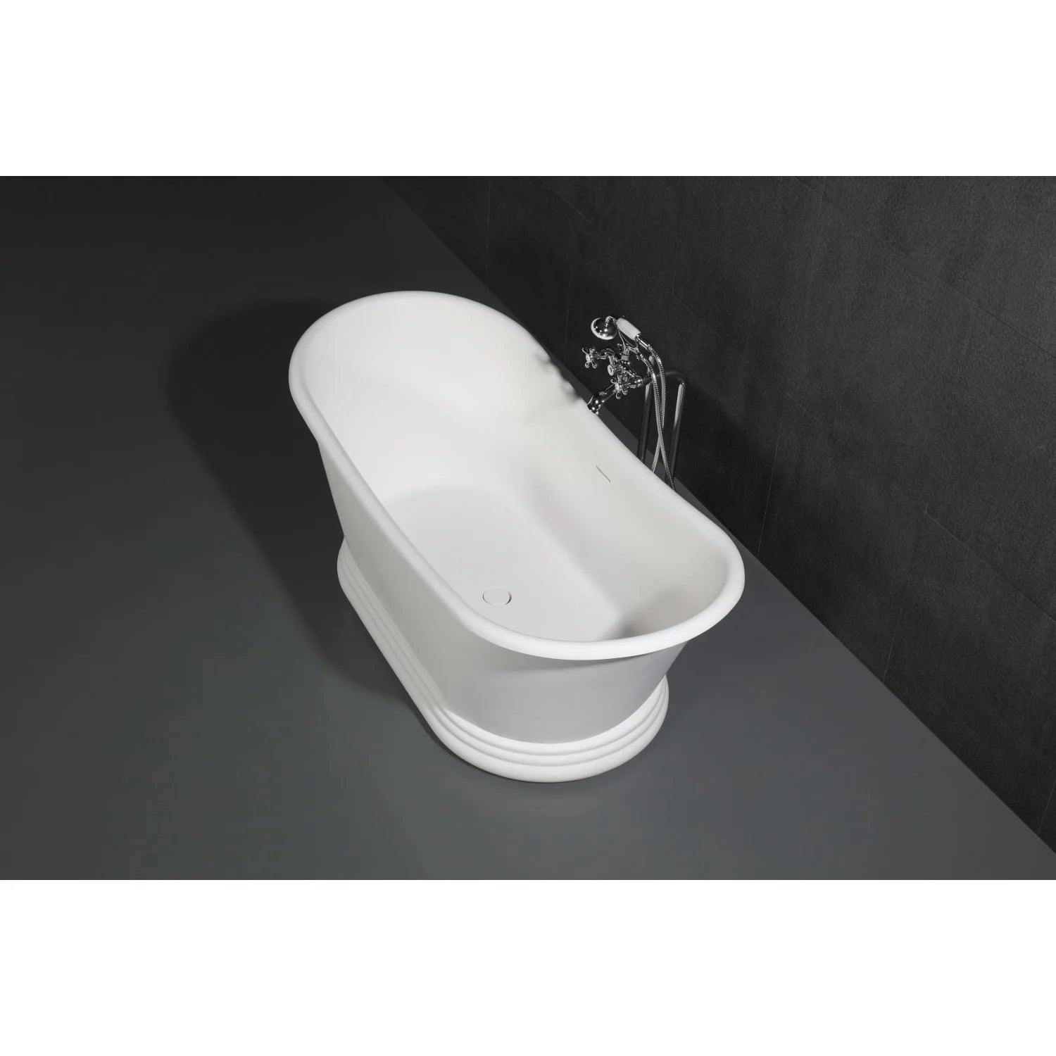 Polished chrome freestanding tub faucet with handheld spouts and braided hoses