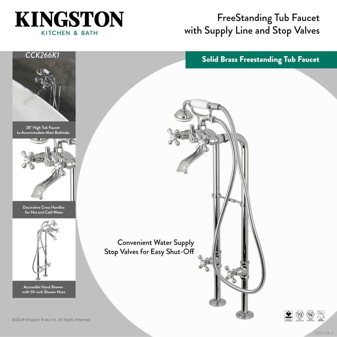 Freestanding tub faucet with cross handles, supply lines, and stop valves, brushed nickel.