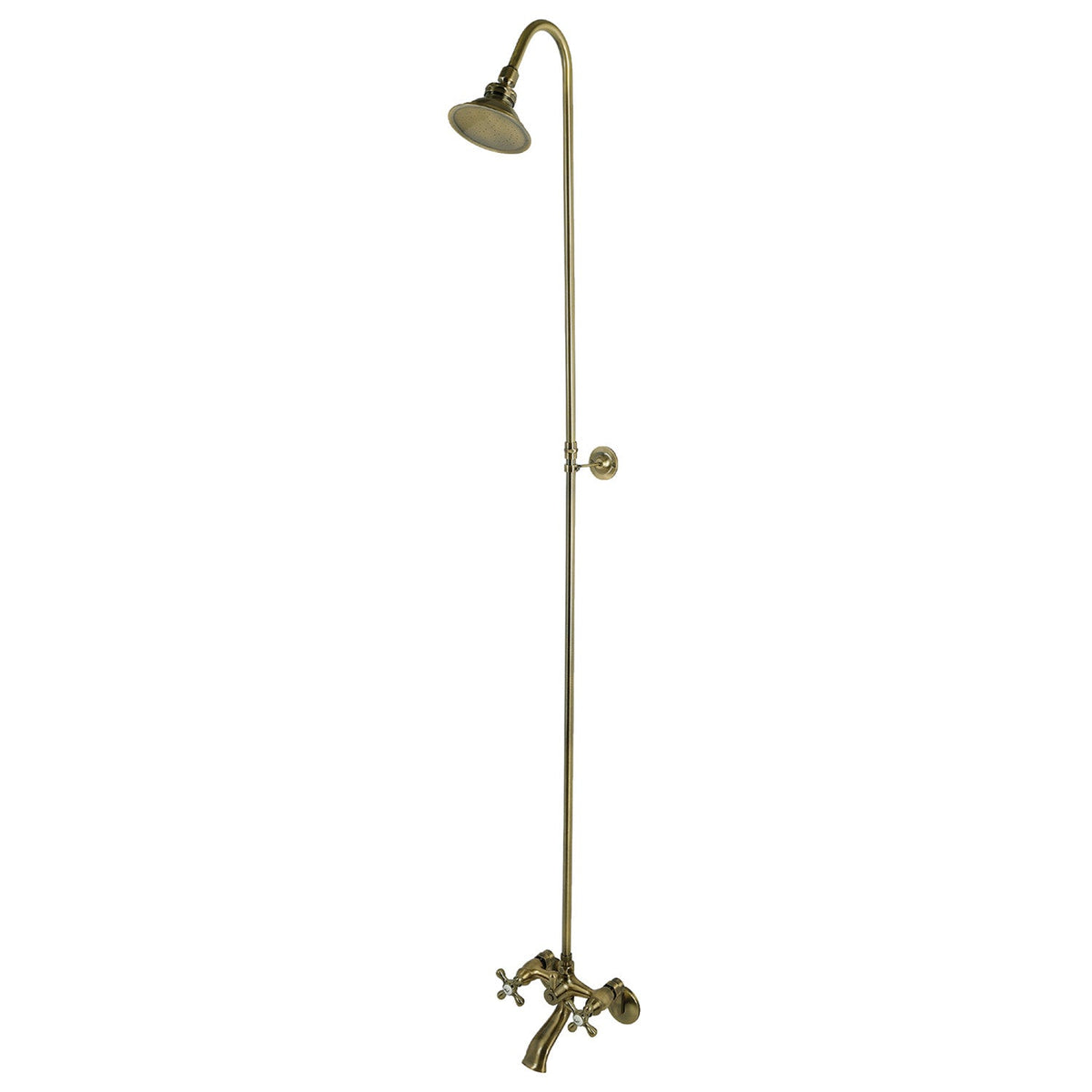 Vintage Two-Handle 2-Hole Wall Mount Clawfoot Tub Faucet Package with Shower Combo in Antique Brass