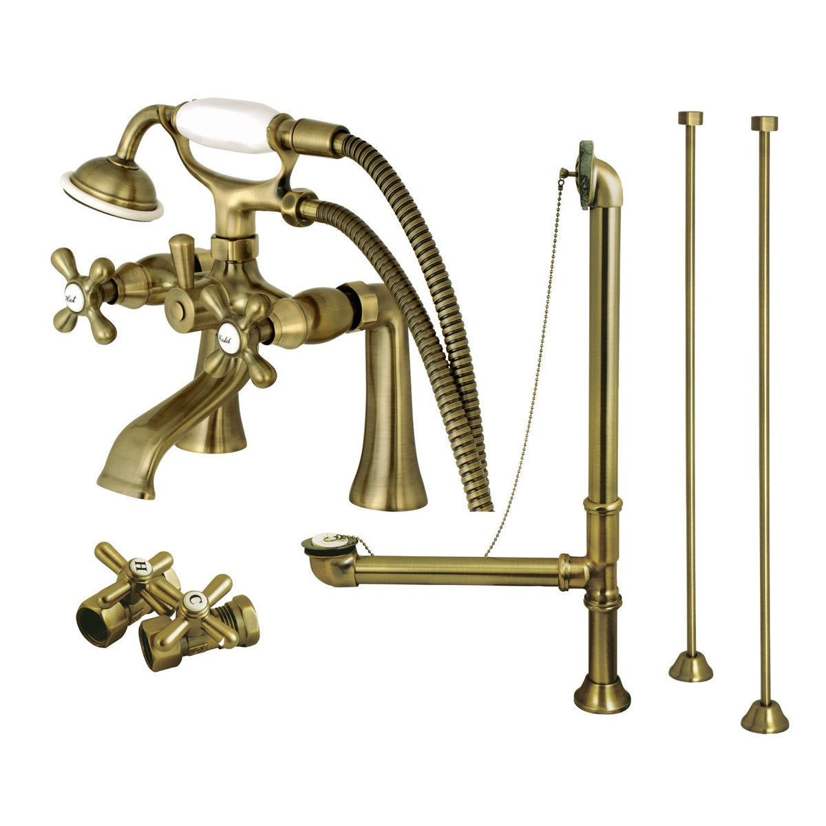 Vintage Deck Mount Clawfoot Tub Faucet Package with Supply Line, Hand Shower and Tub Drain in Antique Brass