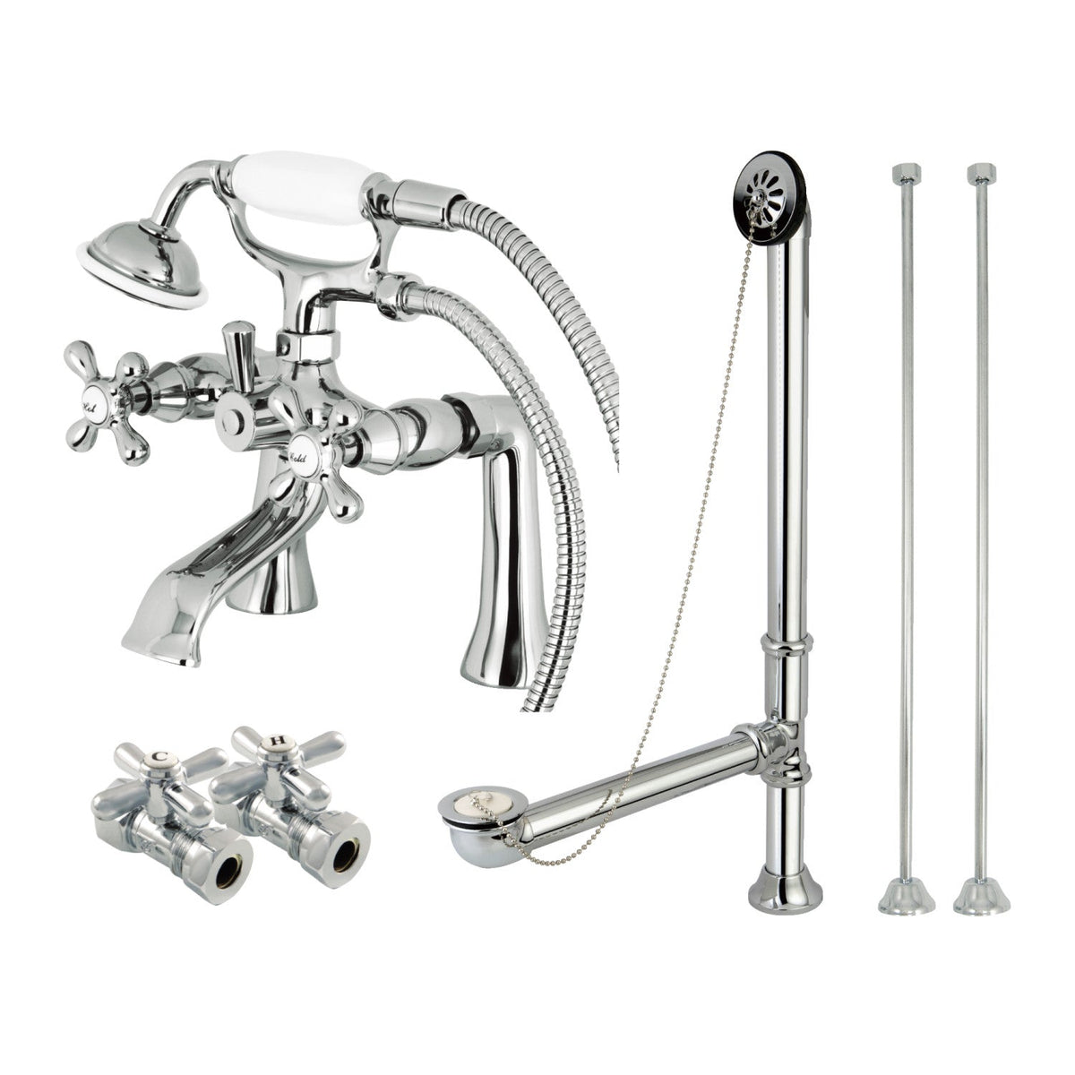 Vintage Deck Mount Clawfoot Tub Faucet Package with Supply Line, Hand Shower and Tub Drain in Polished Chrome
