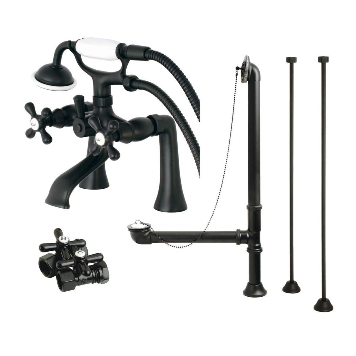 Vintage Deck Mount Clawfoot Tub Faucet Package with Supply Line, Hand Shower and Tub Drain in Matte Black