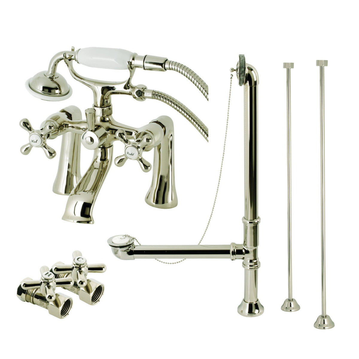 Vintage Deck Mount Clawfoot Tub Faucet Package with Supply Line, Hand Shower and Tub Drain in Polished Nickel