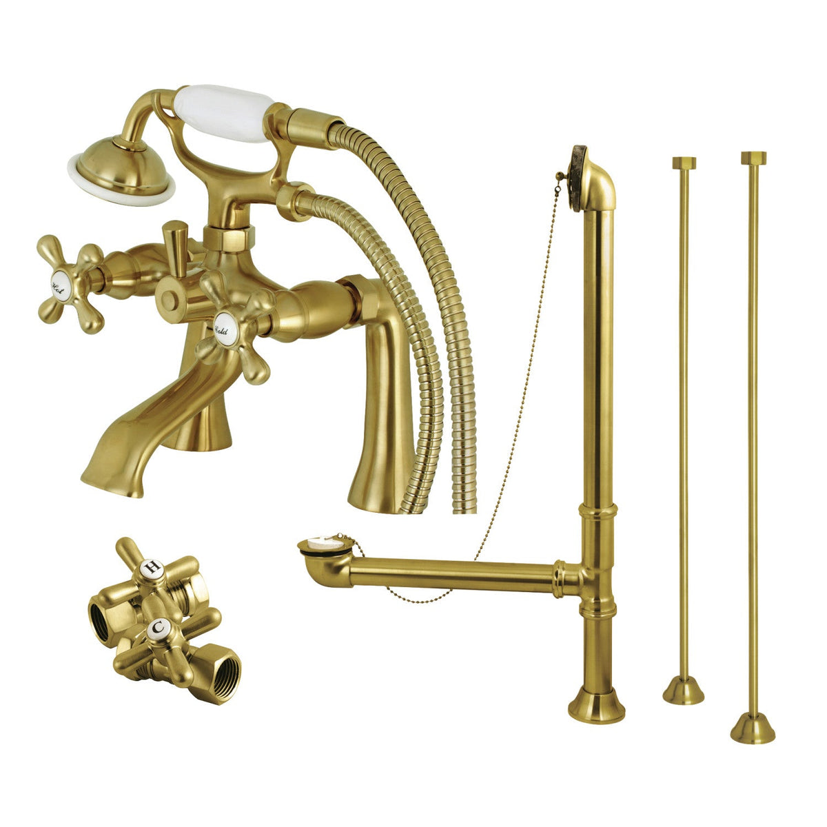 Vintage Deck Mount Clawfoot Tub Faucet Package with Supply Line, Hand Shower and Tub Drain in Brushed Brass
