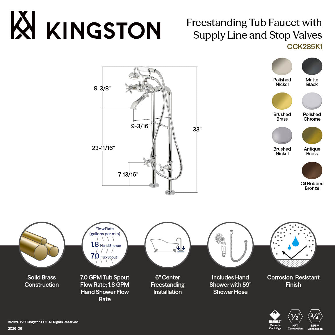 Kingston Freestanding Tub Faucet with Supply Line and Stop Valve in Antique Brass