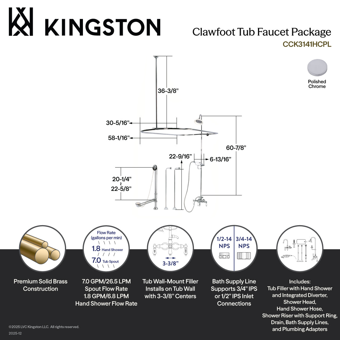 Vintage Tub Wall Mount Clawfoot Tub Faucet Package with Shower Enclosure and Hand Shower in Polished Chrome