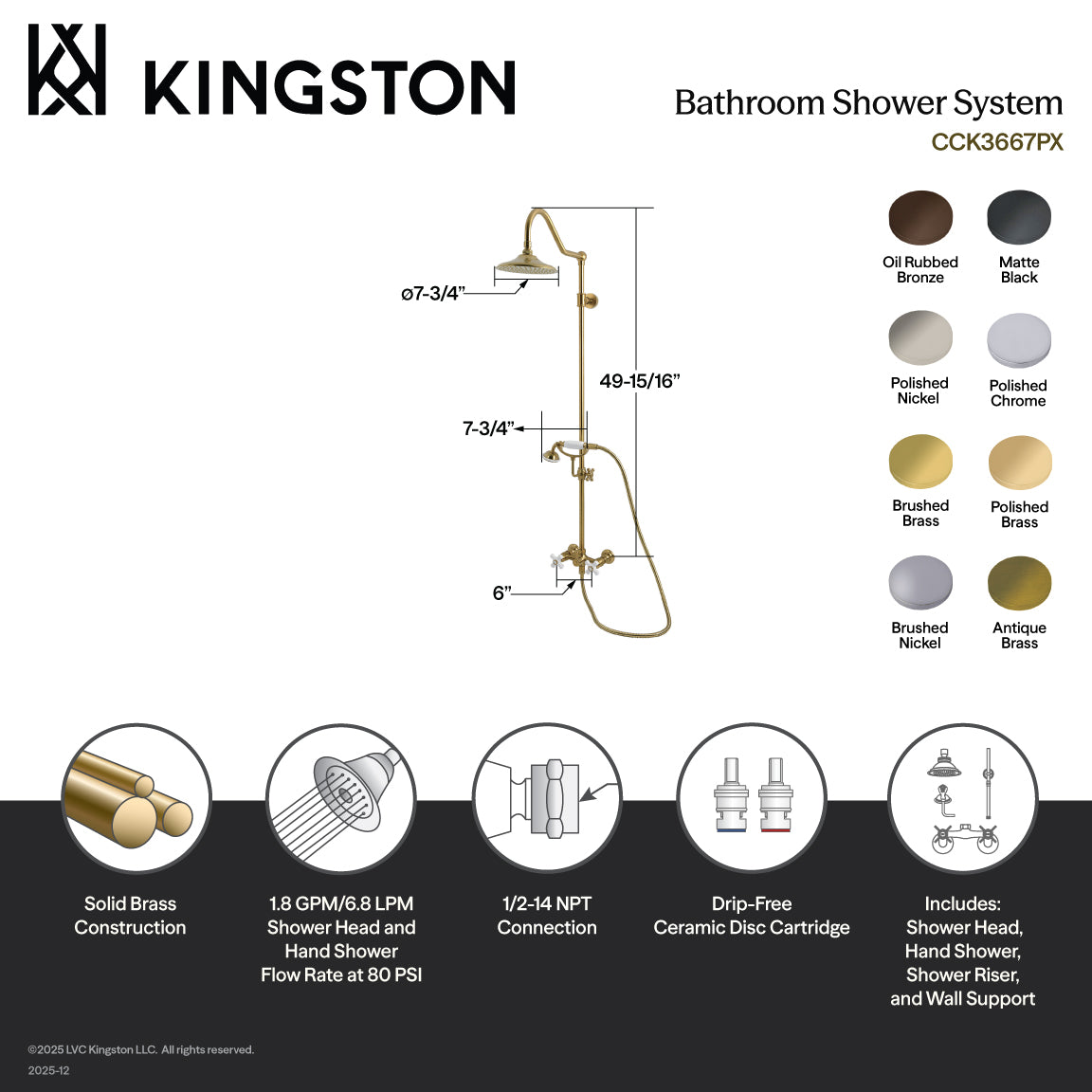 Kingston Wall Mount Rain Drop Shower System with Hand Shower in Antique Brass