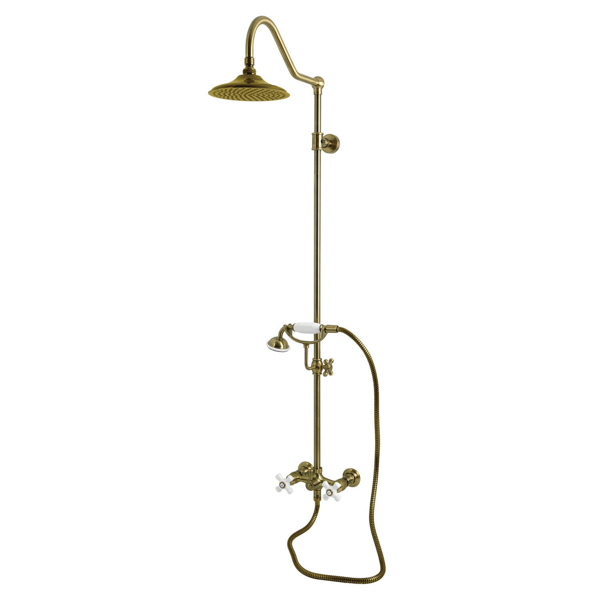 Kingston Wall Mount Rain Drop Shower System with Hand Shower in Antique Brass