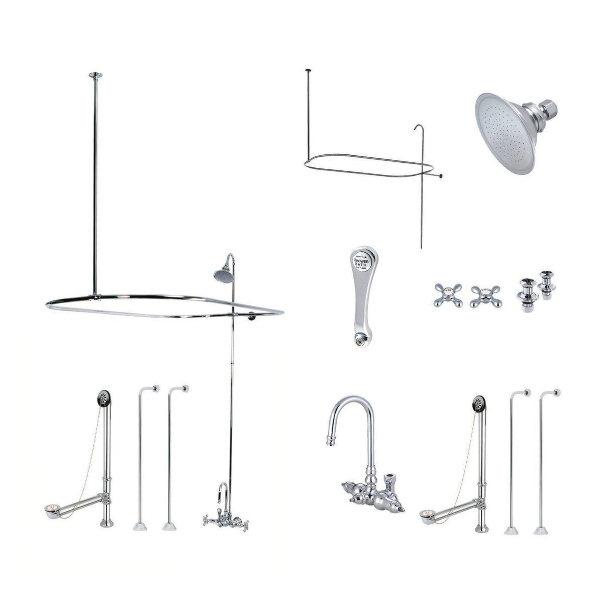 Vintage Tub Wall Mount Clawfoot Tub Faucet Package with Shower Enclosure in Polished Chrome