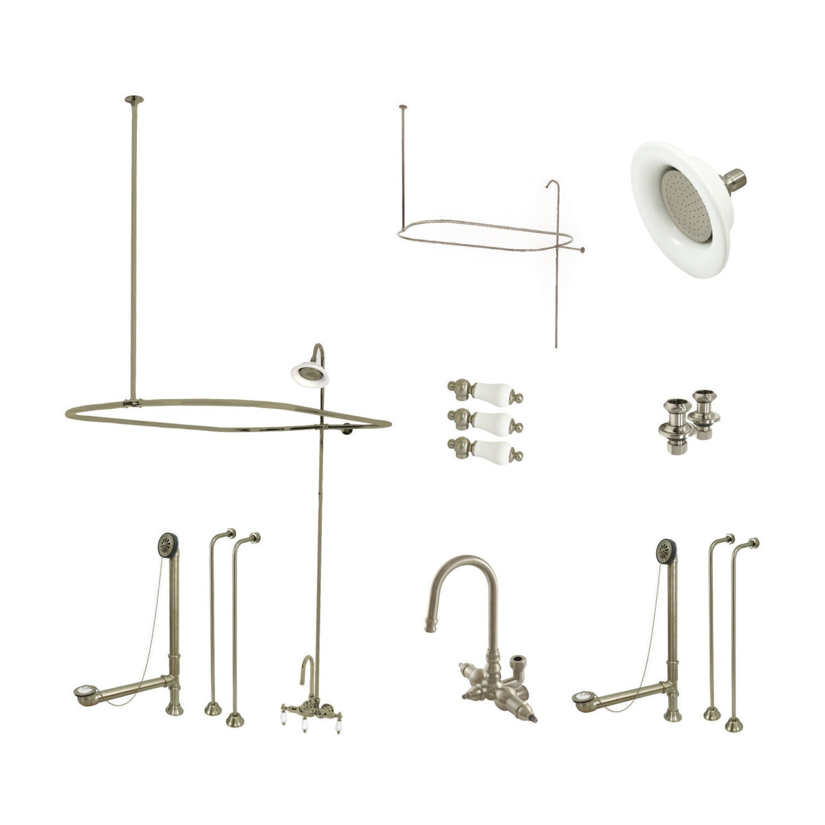 Vintage Tub Wall Mount Gooseneck Clawfoot Tub Faucet Package with Shower Enclosure in Brushed Nickel