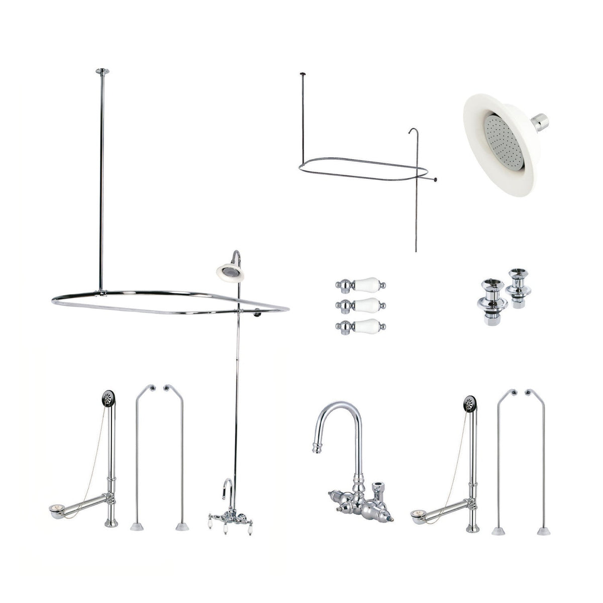 Vintage Tub Wall Mount Gooseneck Clawfoot Tub Faucet Package with Shower Enclosure in Polished Chrome
