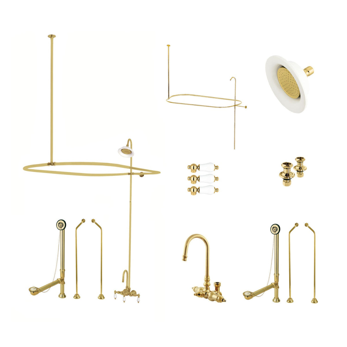 Vintage Tub Wall Mount Gooseneck Clawfoot Tub Faucet Package with Shower Enclosure in Polished Brass