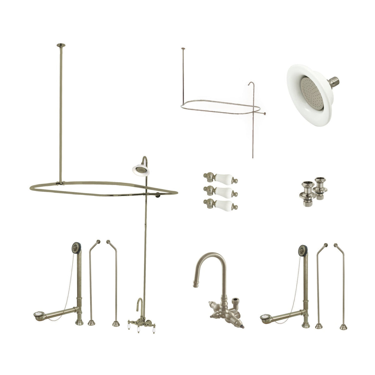 Vintage Tub Wall Mount Gooseneck Clawfoot Tub Faucet Package with Shower Enclosure in Brushed Nickel