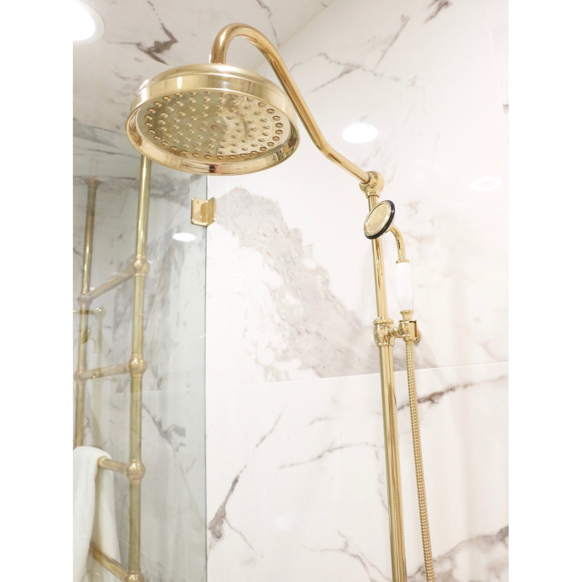 Vintage Tub Wall Mount Rain Drop Shower System with Hand Shower in Polished Brass