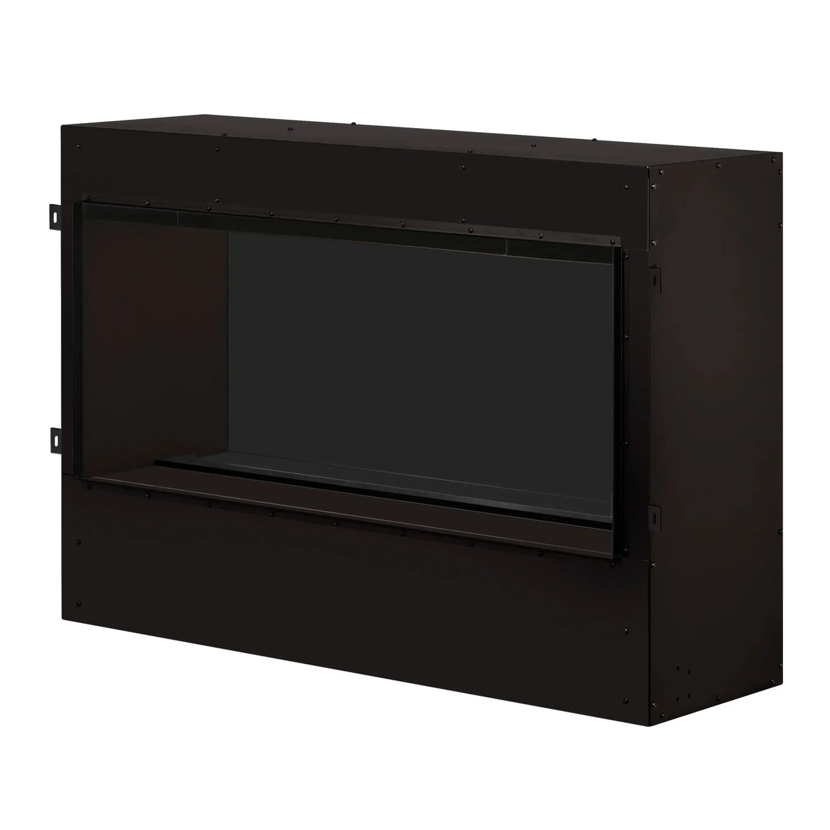 Black built-in firebox insert housing with empty rectangular opening, side and back visible