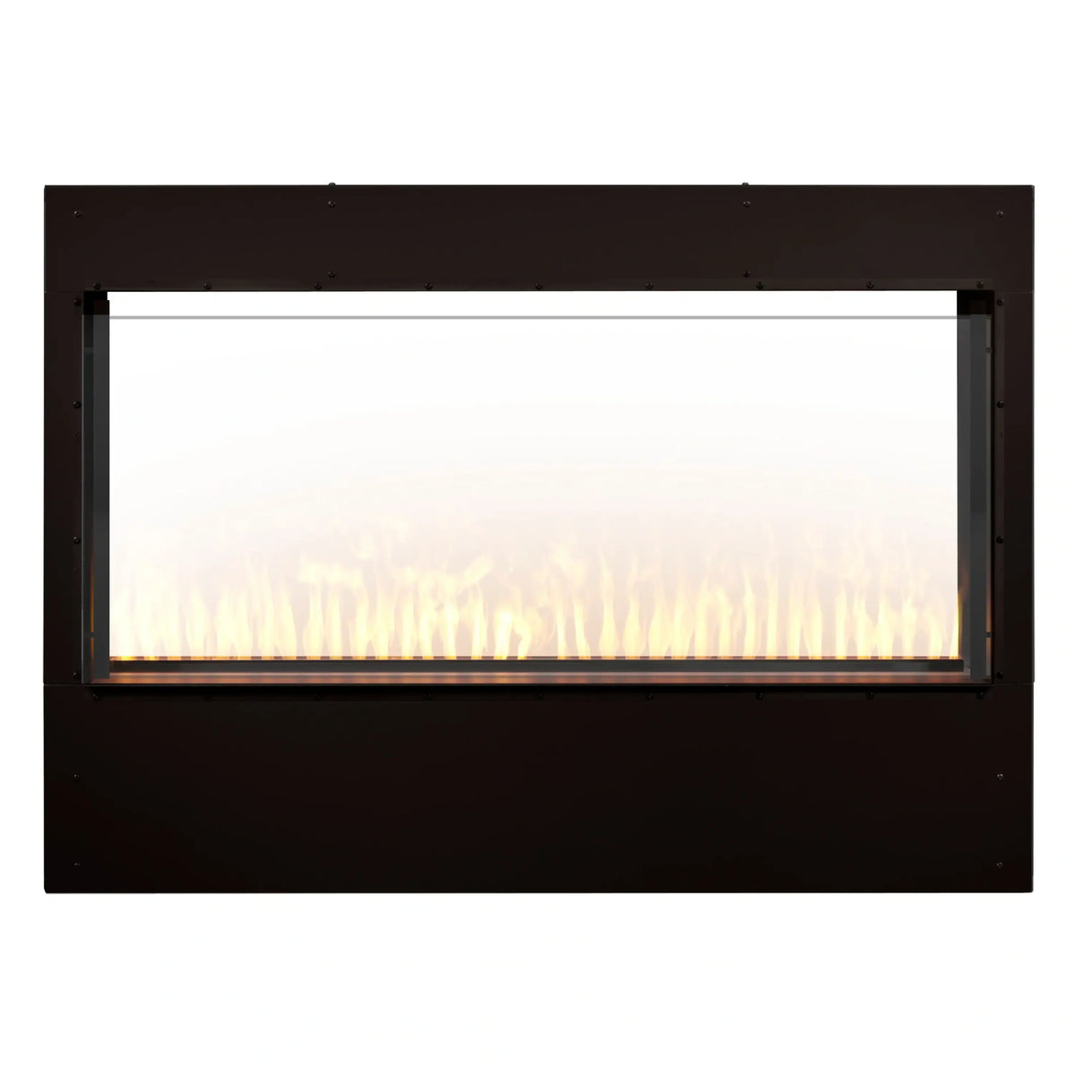 Black built-in firebox insert with flame effect in rectangular viewing window