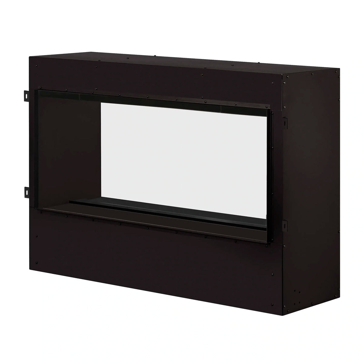 Black built-in firebox insert with empty viewing window, front angled view on white