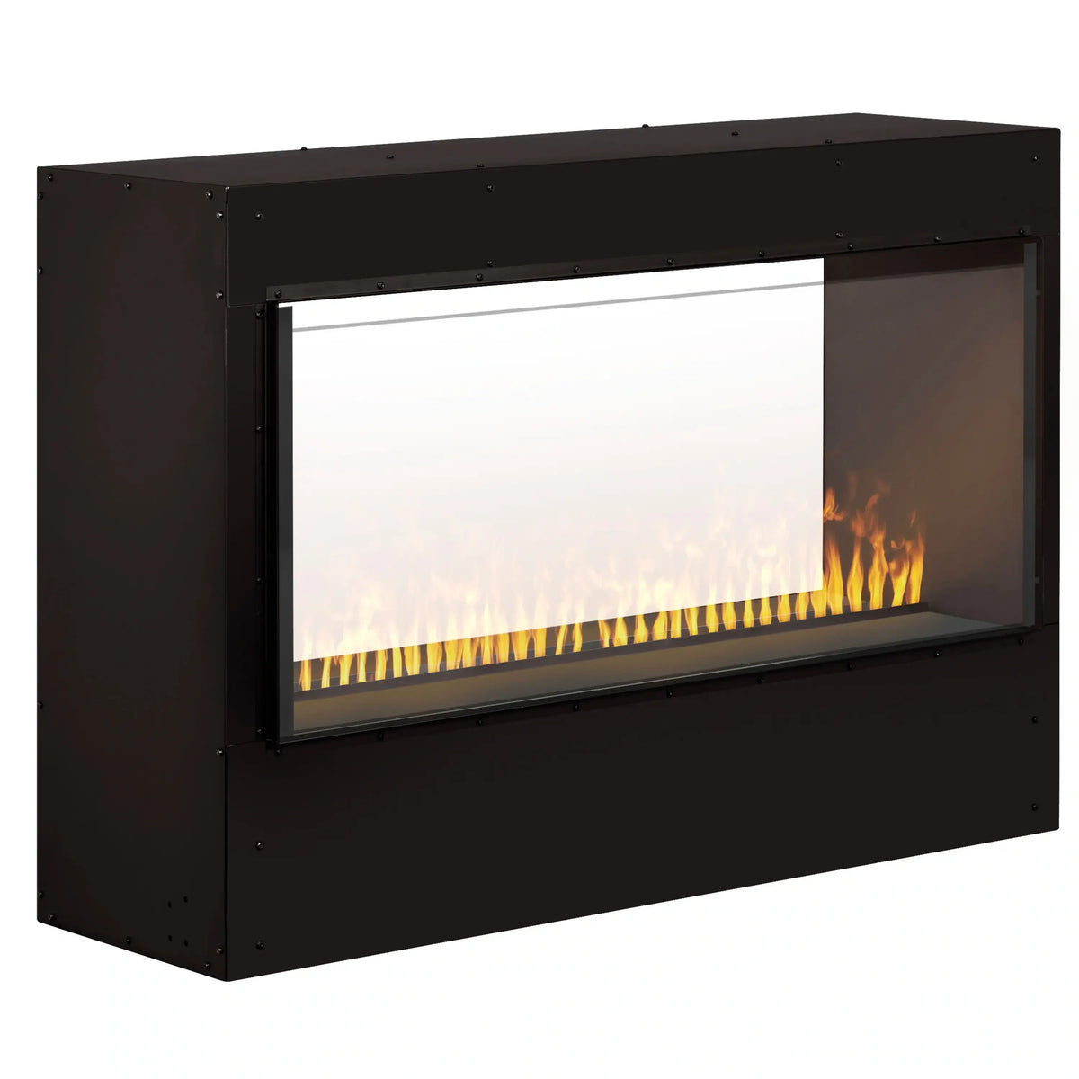 Black built-in firebox insert with flame effect, angled view of front window
