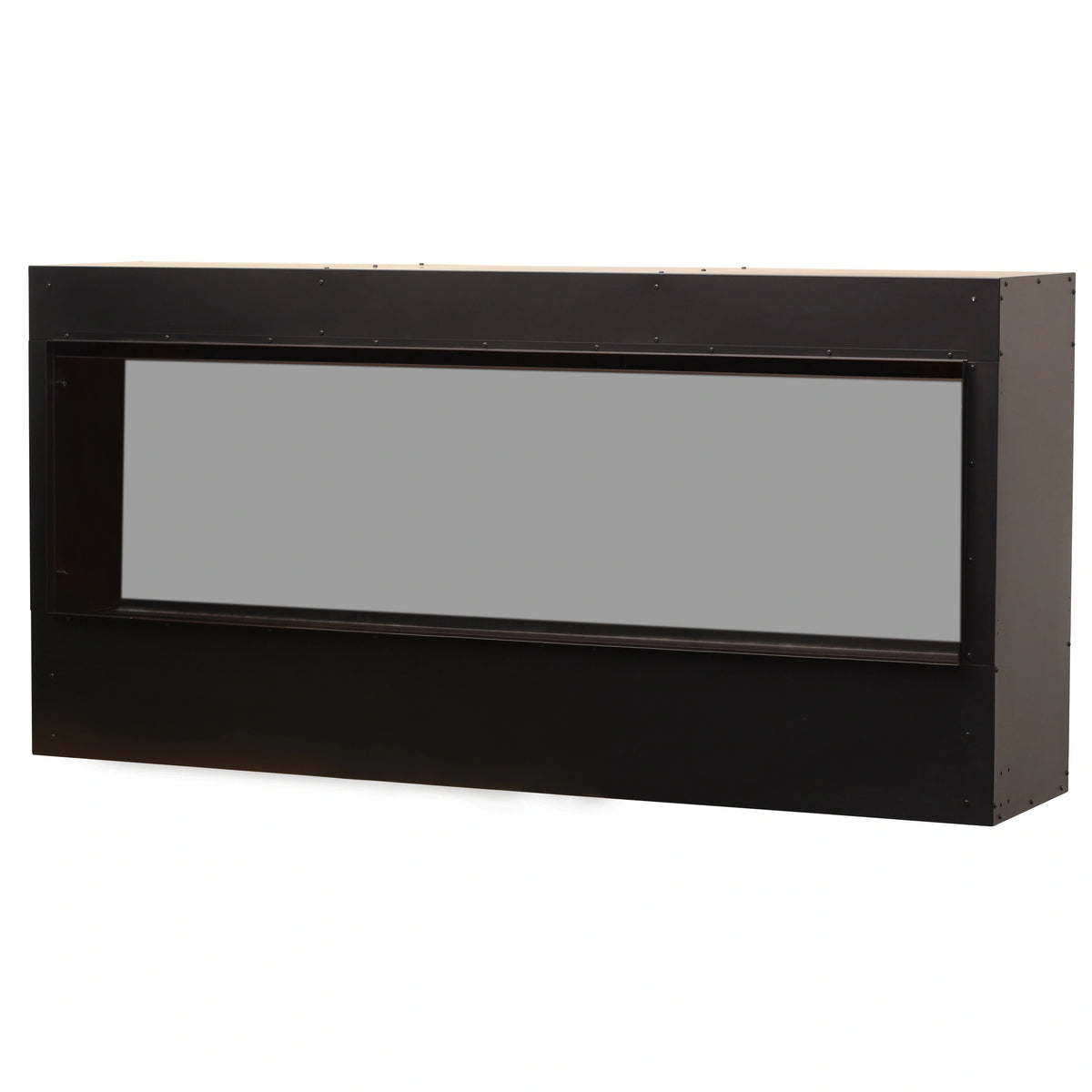Built-in electric firebox front with dark frame and empty viewing window, black