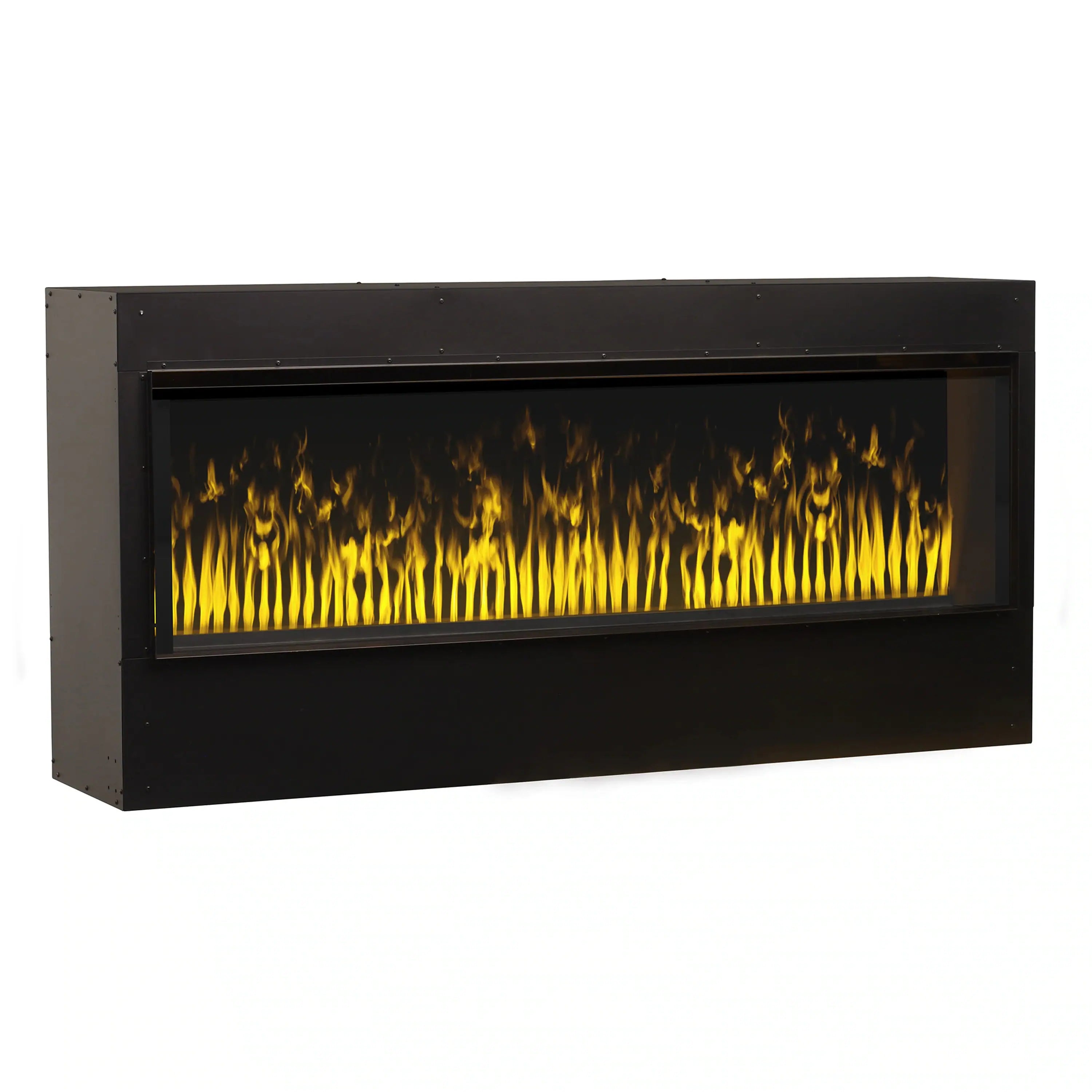 Built-in electric firebox with bright flame effect behind glass, black finish