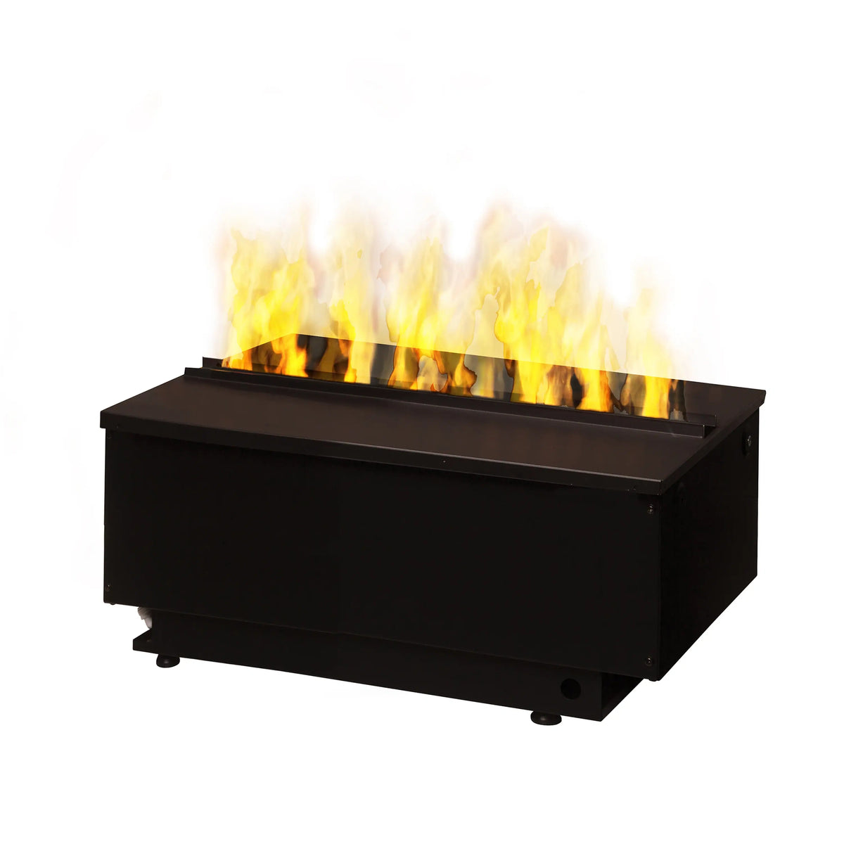 Black water vapor firebox with bright yellow flame effect against a white backdrop