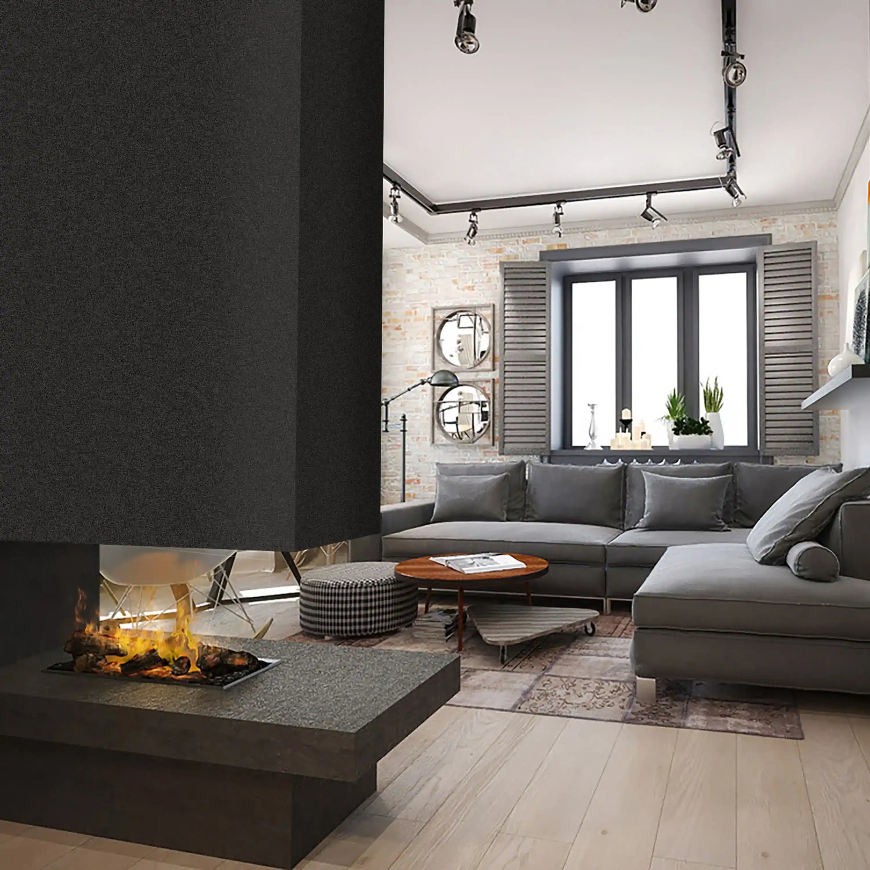 Built-in water vapor firebox in dark wall surround with realistic yellow flames