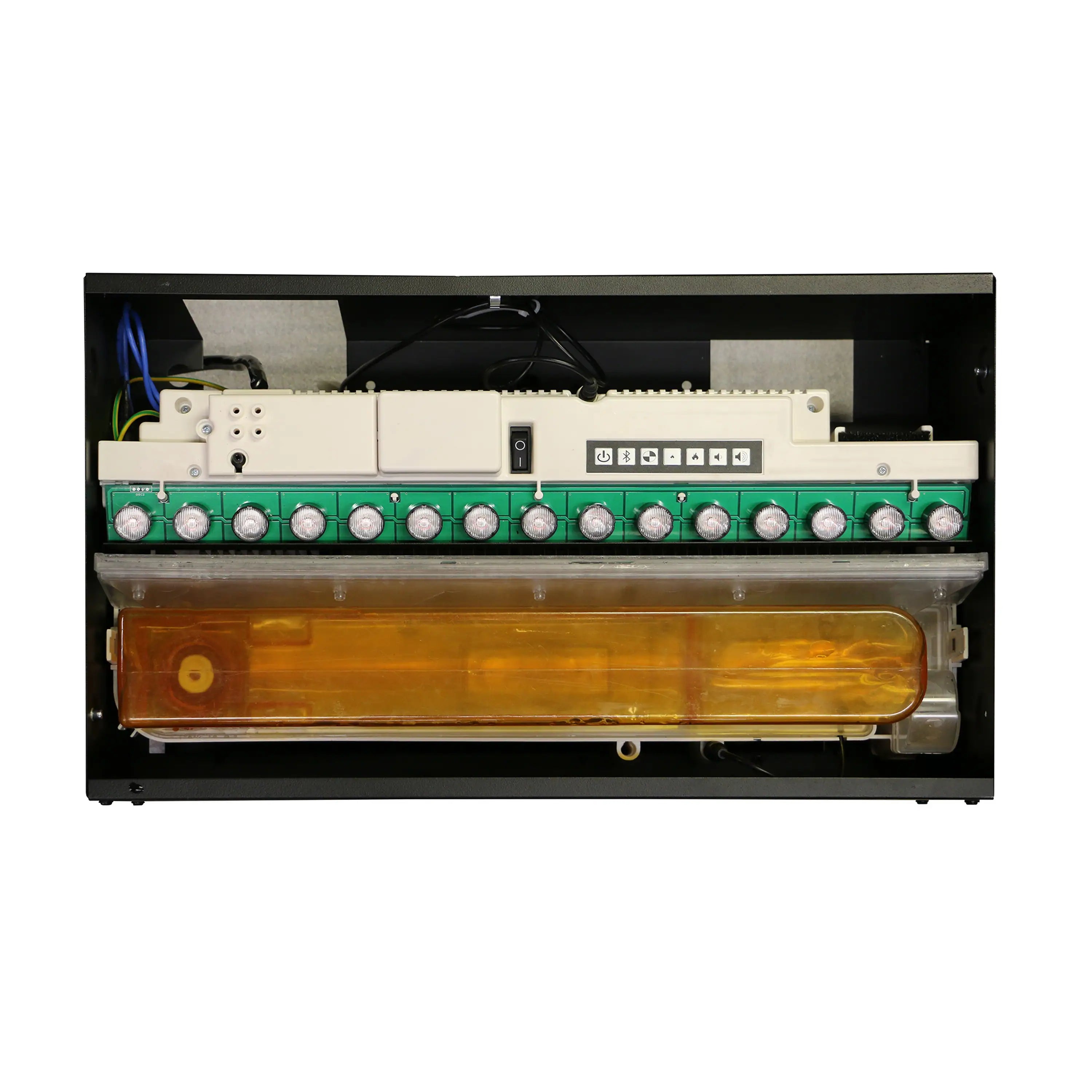 Water vapor firebox open to show internal control board and amber reservoir