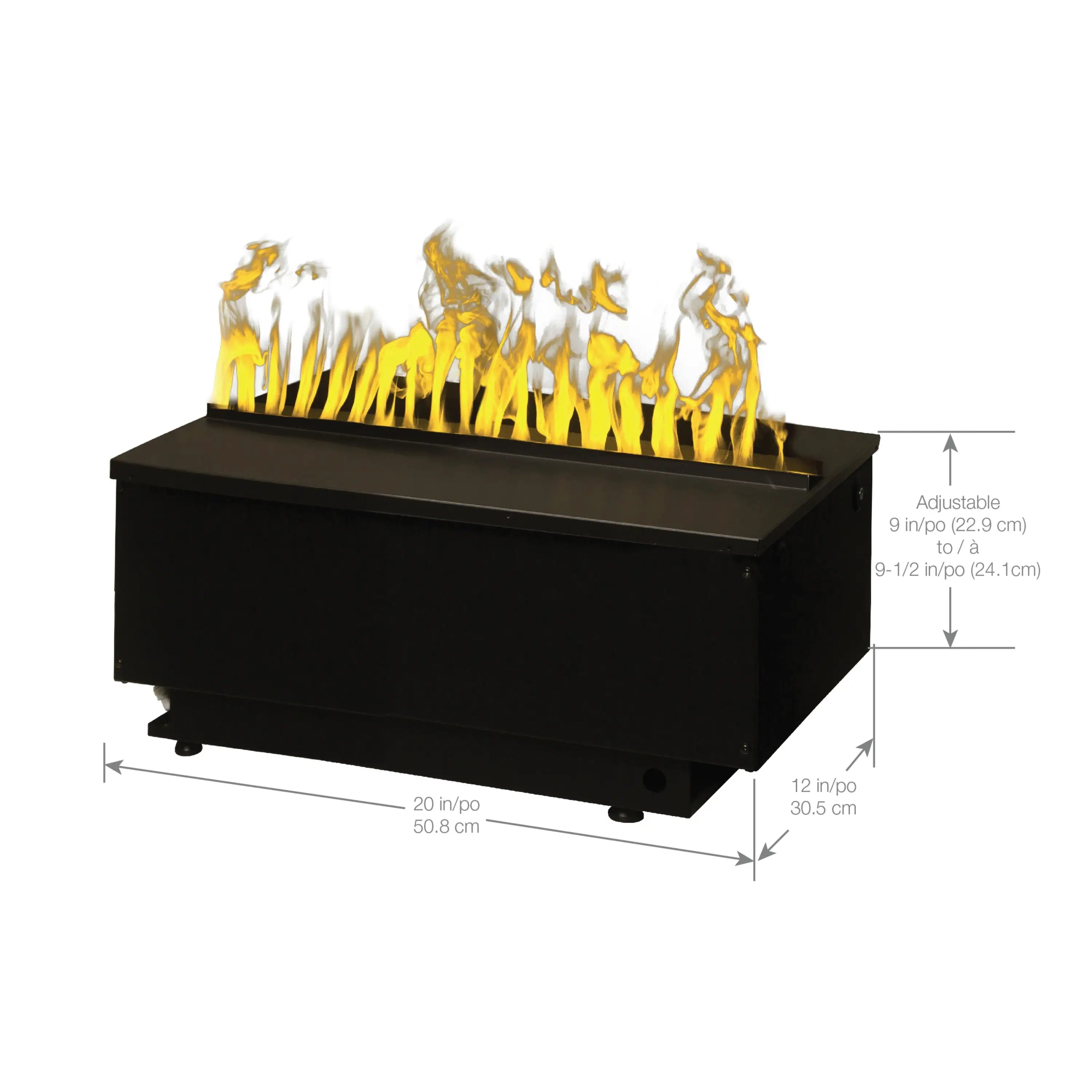 Black water vapor firebox with size arrows and flame effect on a white backdrop