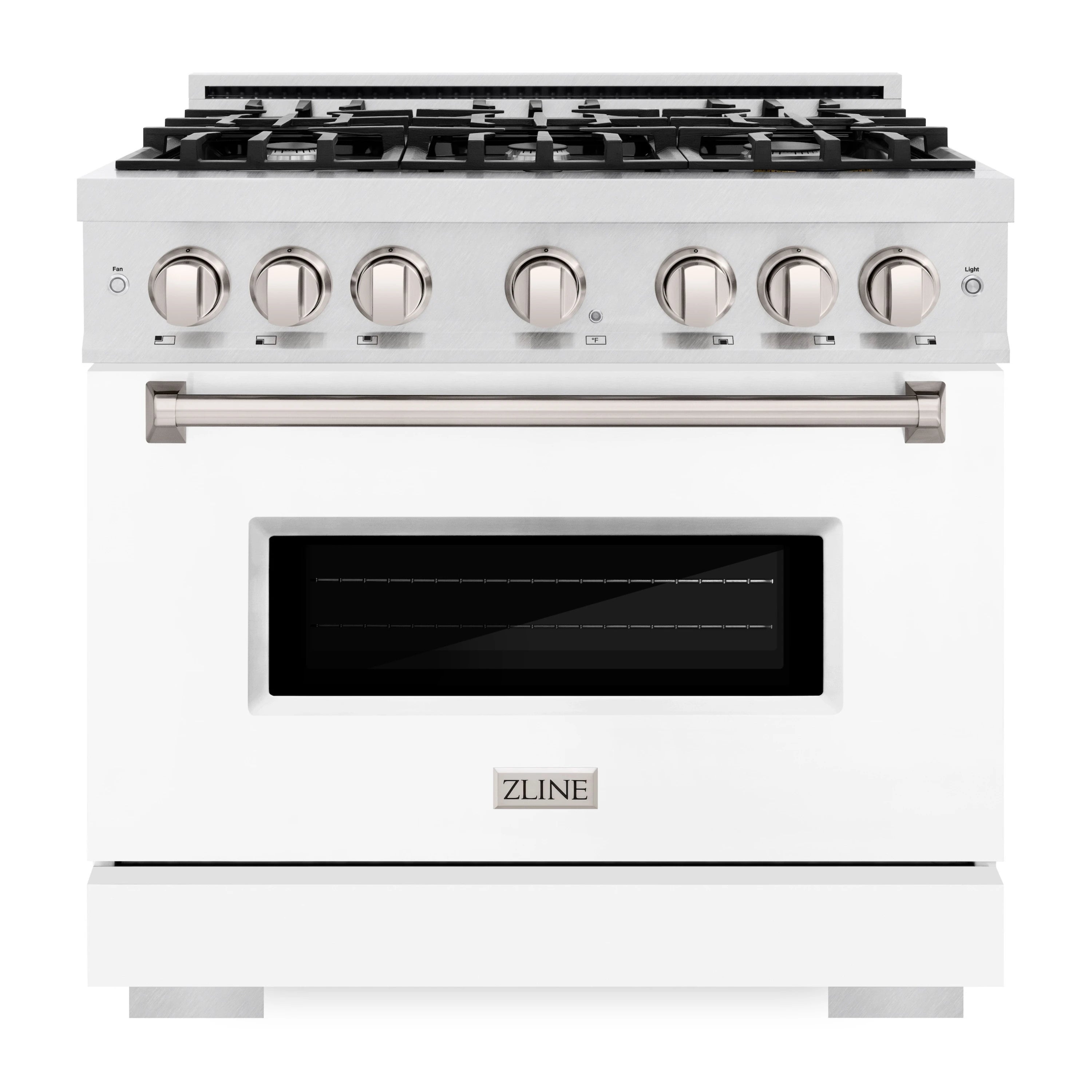 Dual fuel range front with stainless knobs and black oven window
