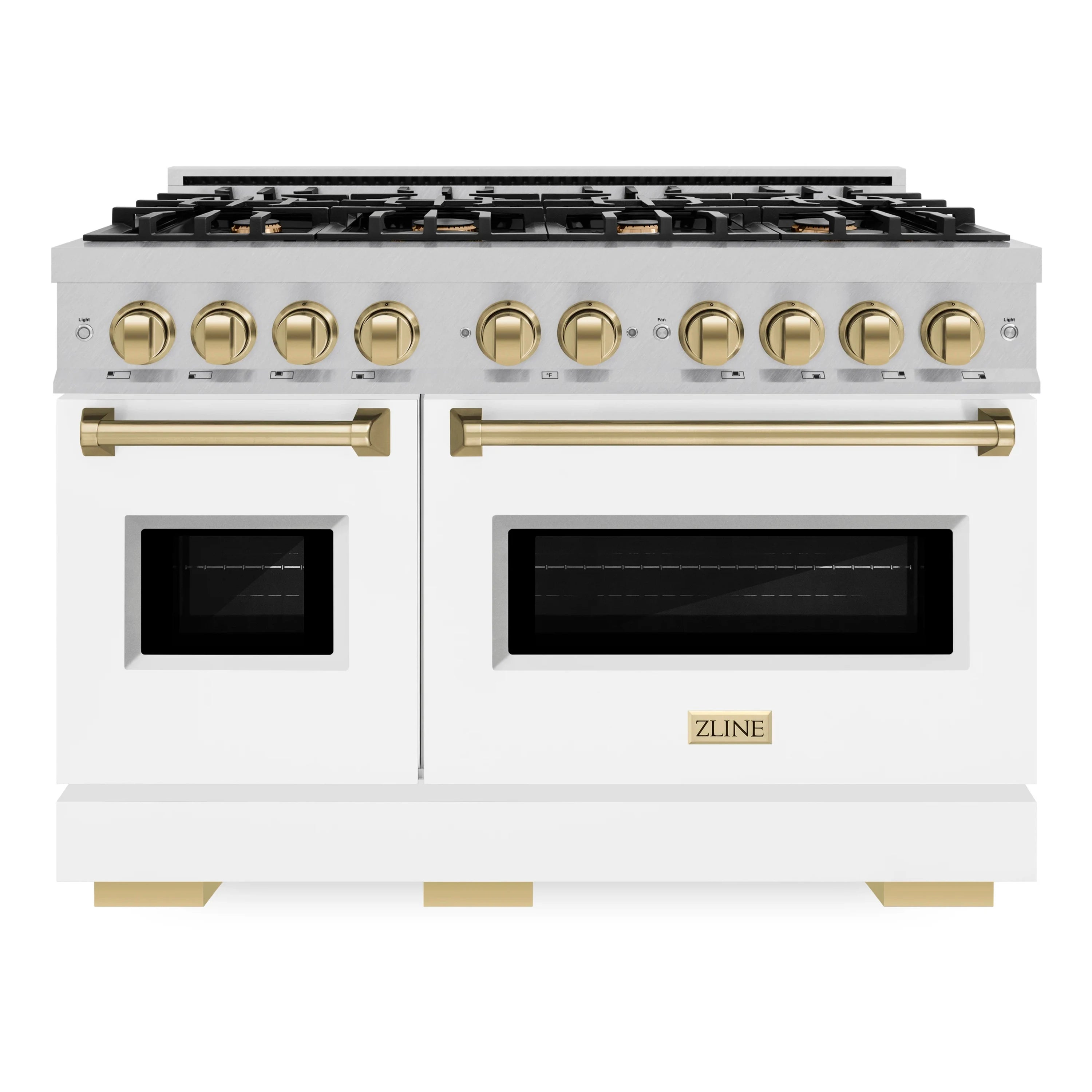 48-inch dual fuel range with satin stainless finish, white doors, bronze knobs, dual black ovens
