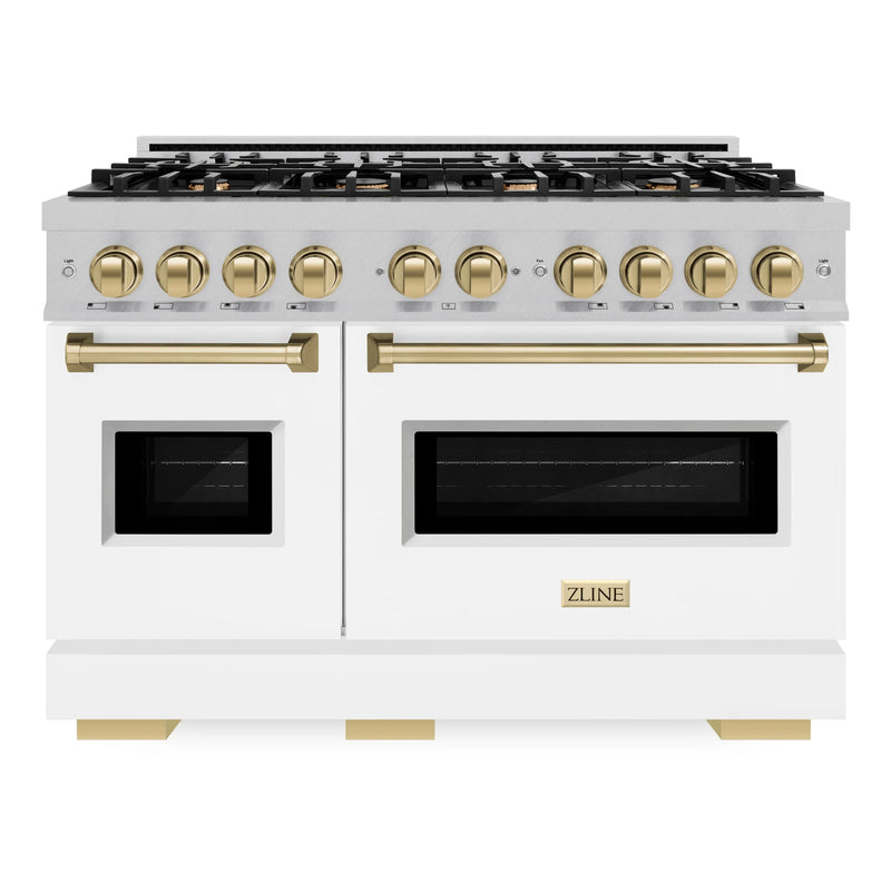 ZLINE Autograph Edition 48-Inch Classic Series Dual Fuel Range in DuraSnow Stainless Steel with White Matte Door and Champagne Bronze Accent (CDRSZ-WM-48-CB)