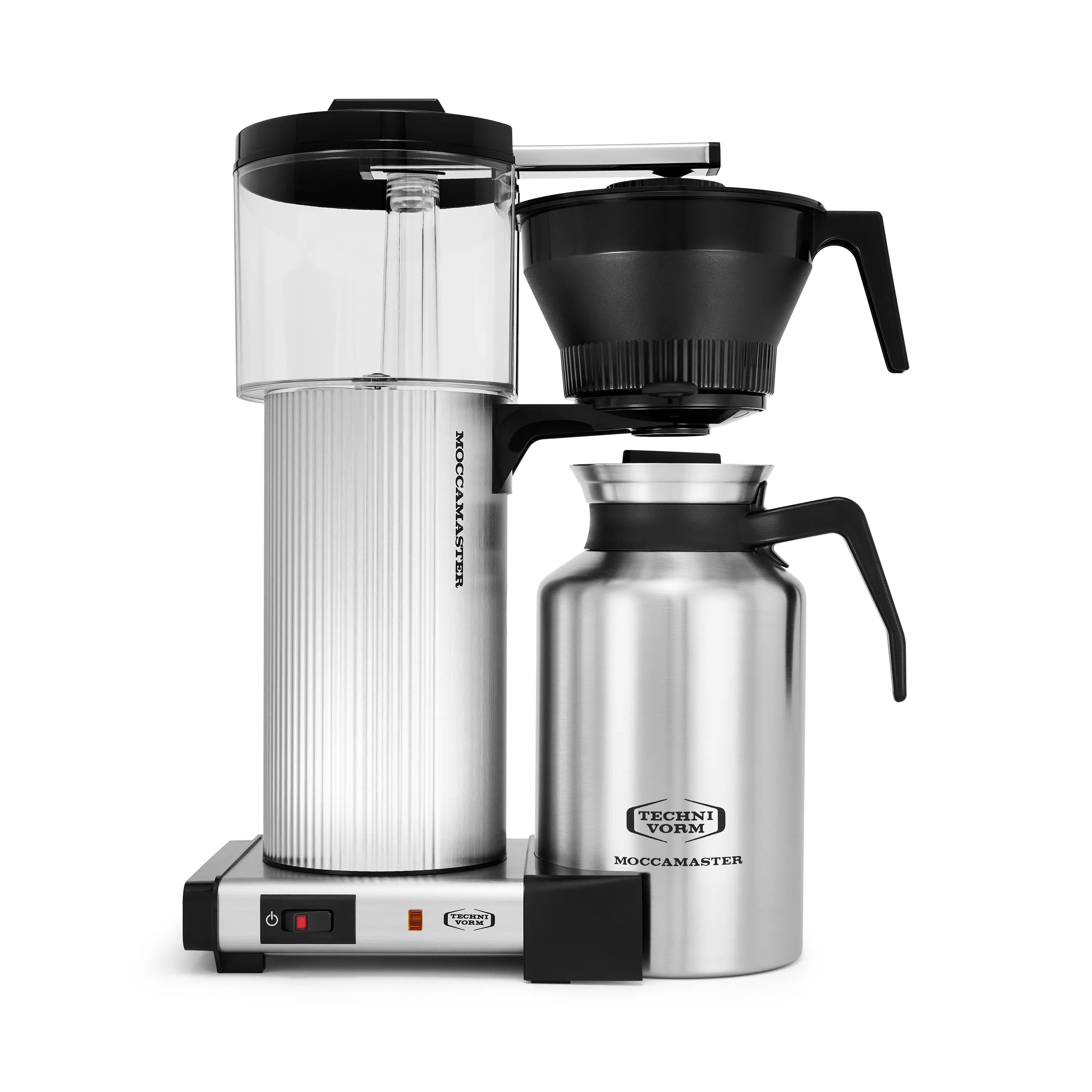 Brushed silver coffee maker with transparent water tank, black funnel, and metal carafe