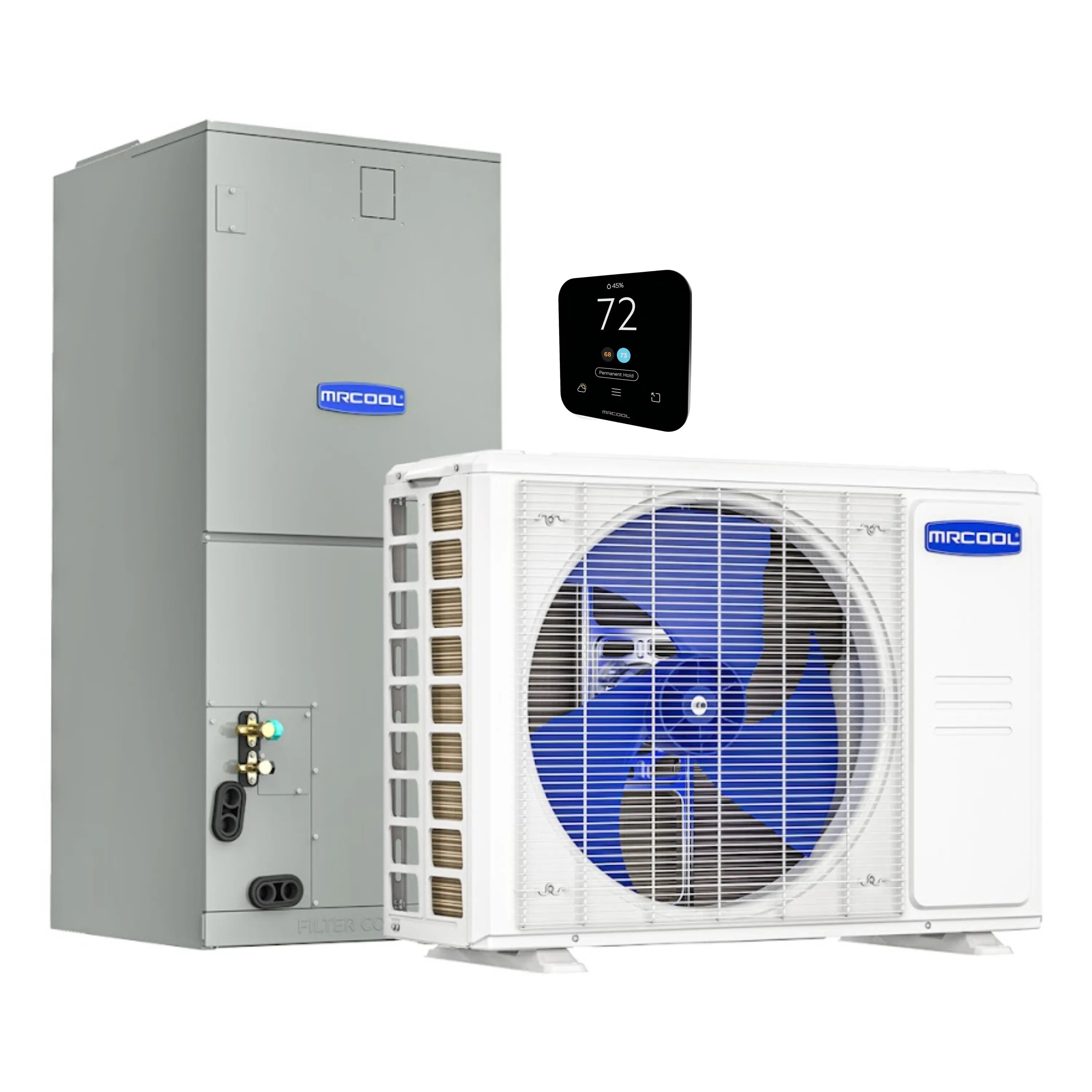 White MRCOOL heat pump condenser with thermostat control box and globe fan grille