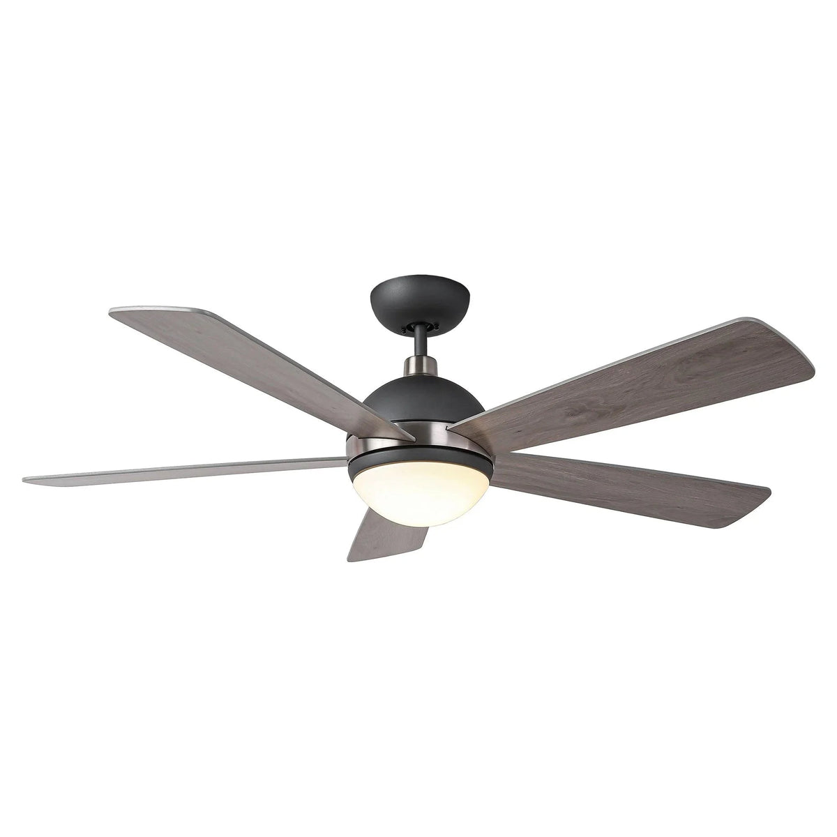 Ceiling fan with LED light, black housing with gray wood-look five blades