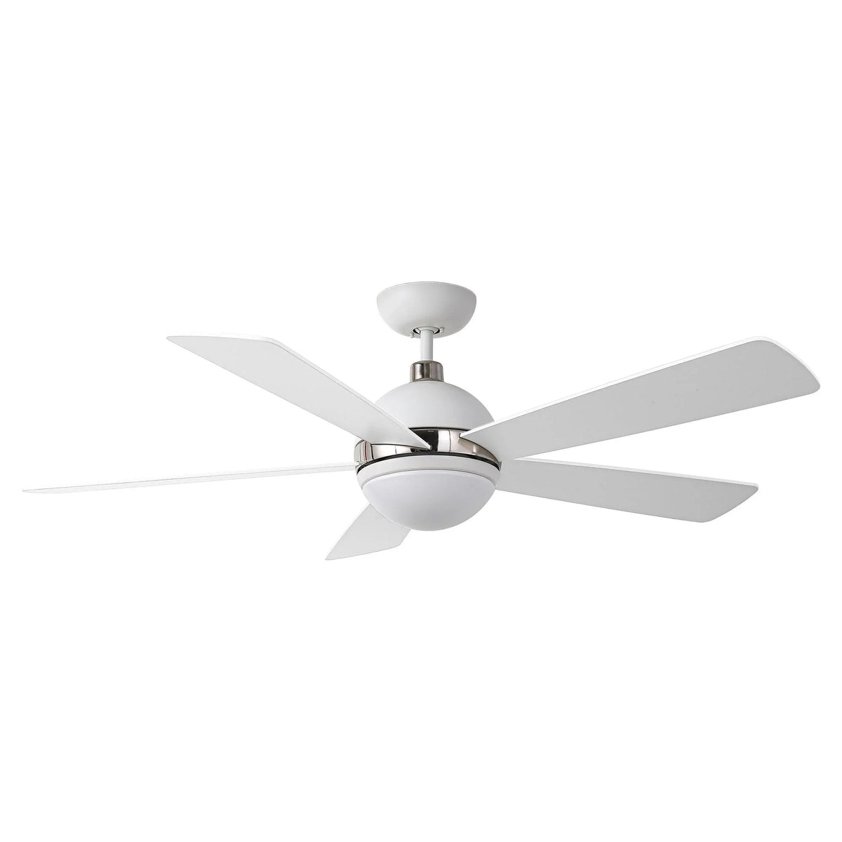 Ceiling fan with LED light, white housing with white five blades, wide view