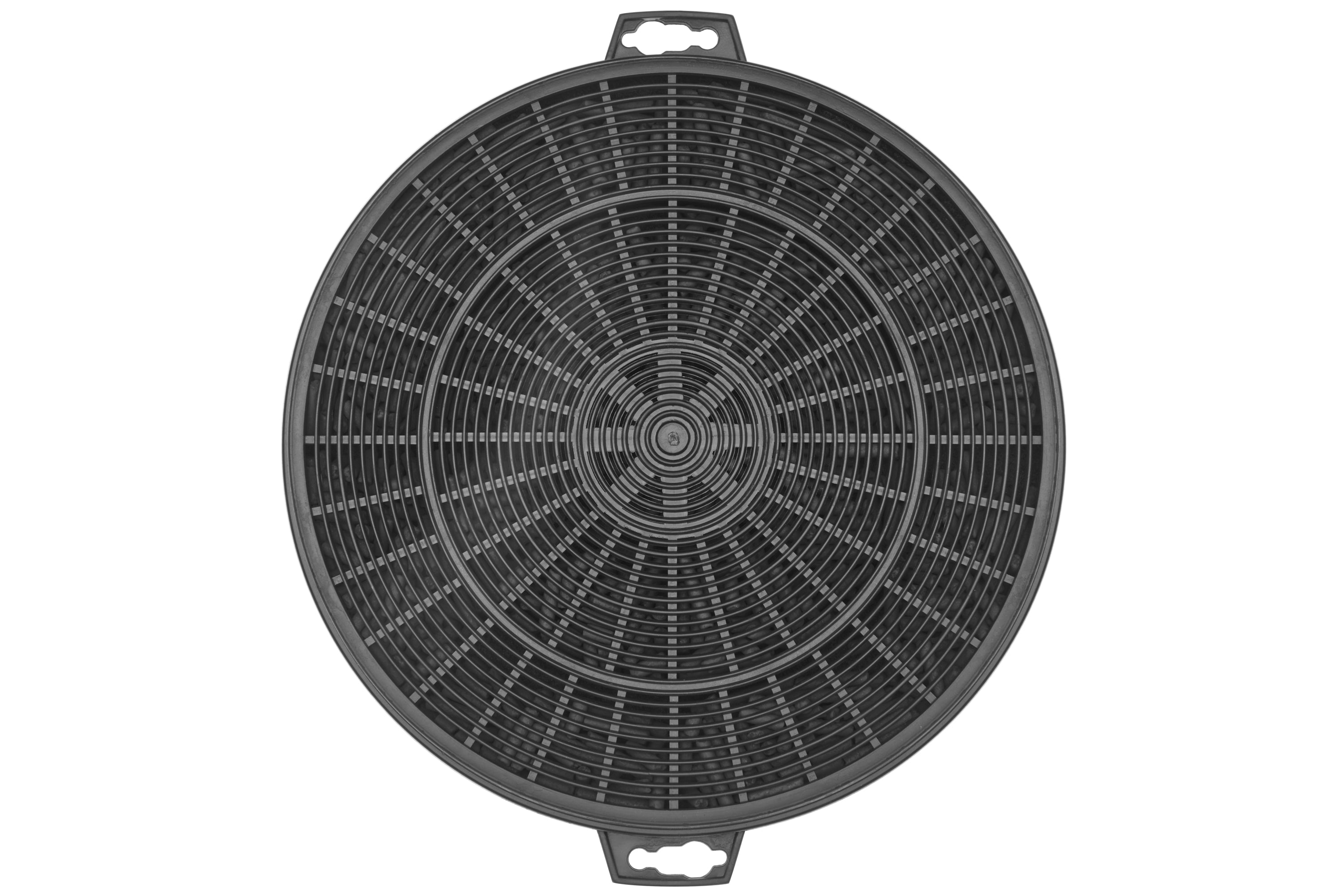 Round charcoal range hood filter with metal grille and mounting tabs, dark gray