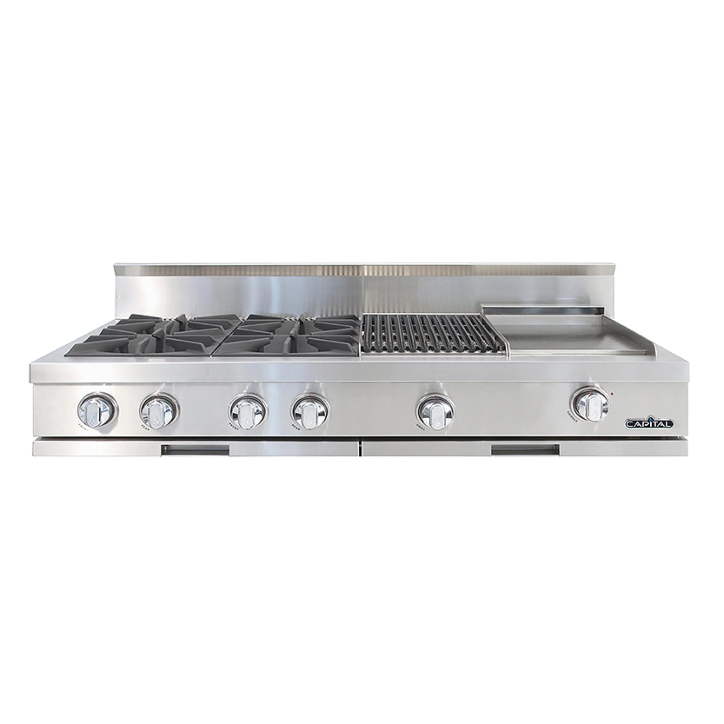 Stainless steel 48-inch gas rangetop with four burner grates and front control knobs