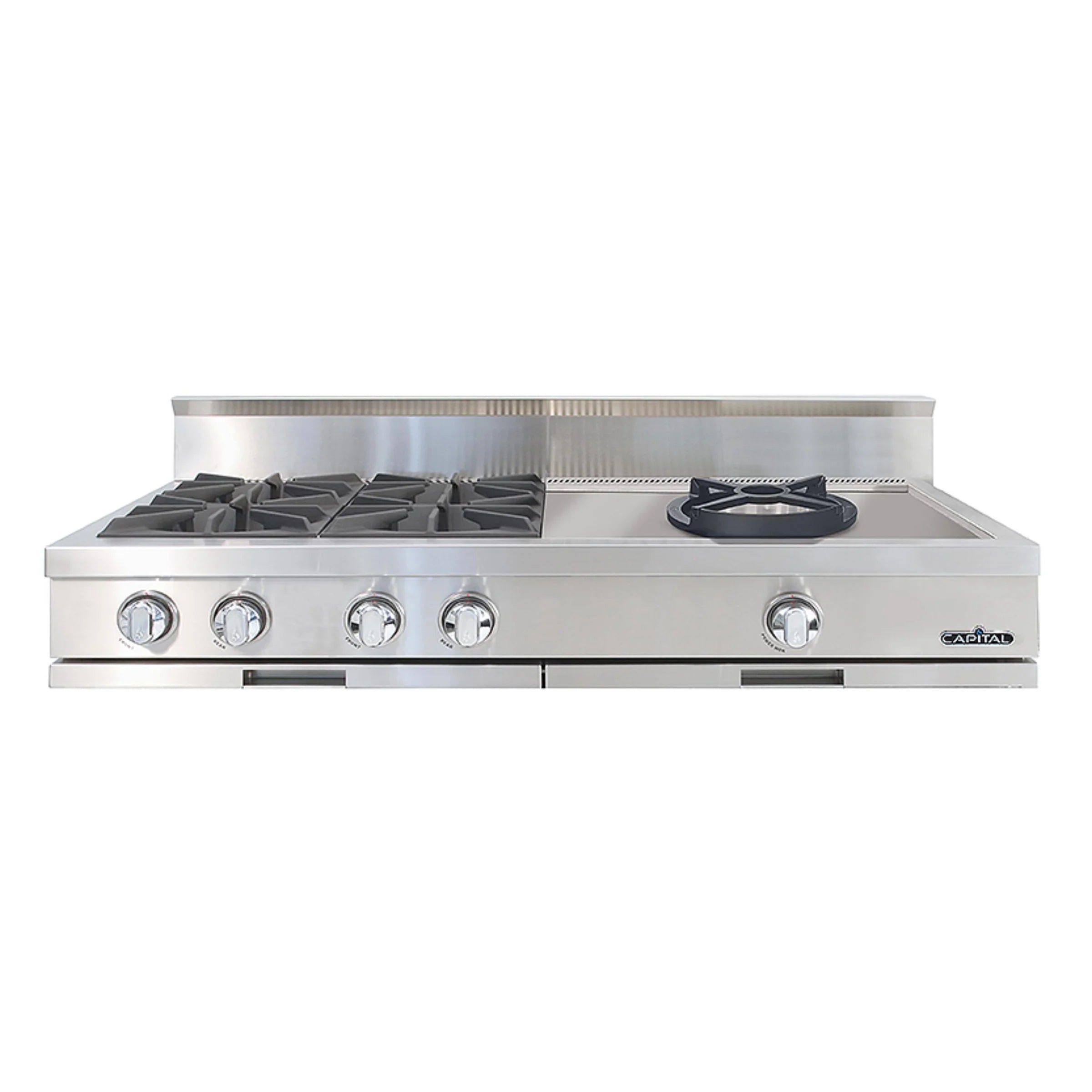 Stainless steel gas rangetop with four burner grates and knob controls, wide cooktop