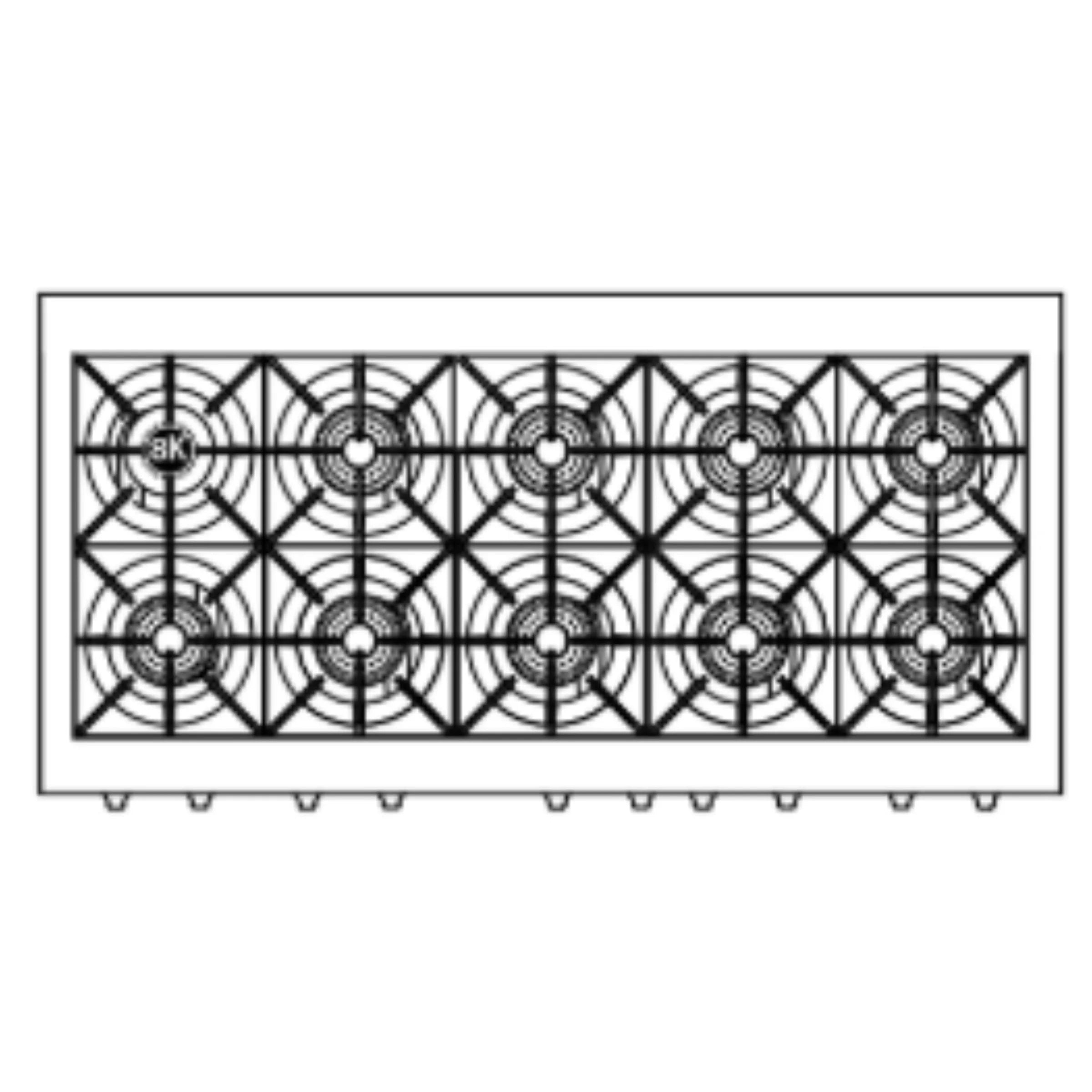 Stainless steel burner layout with 10 open burner positions and black grate pattern