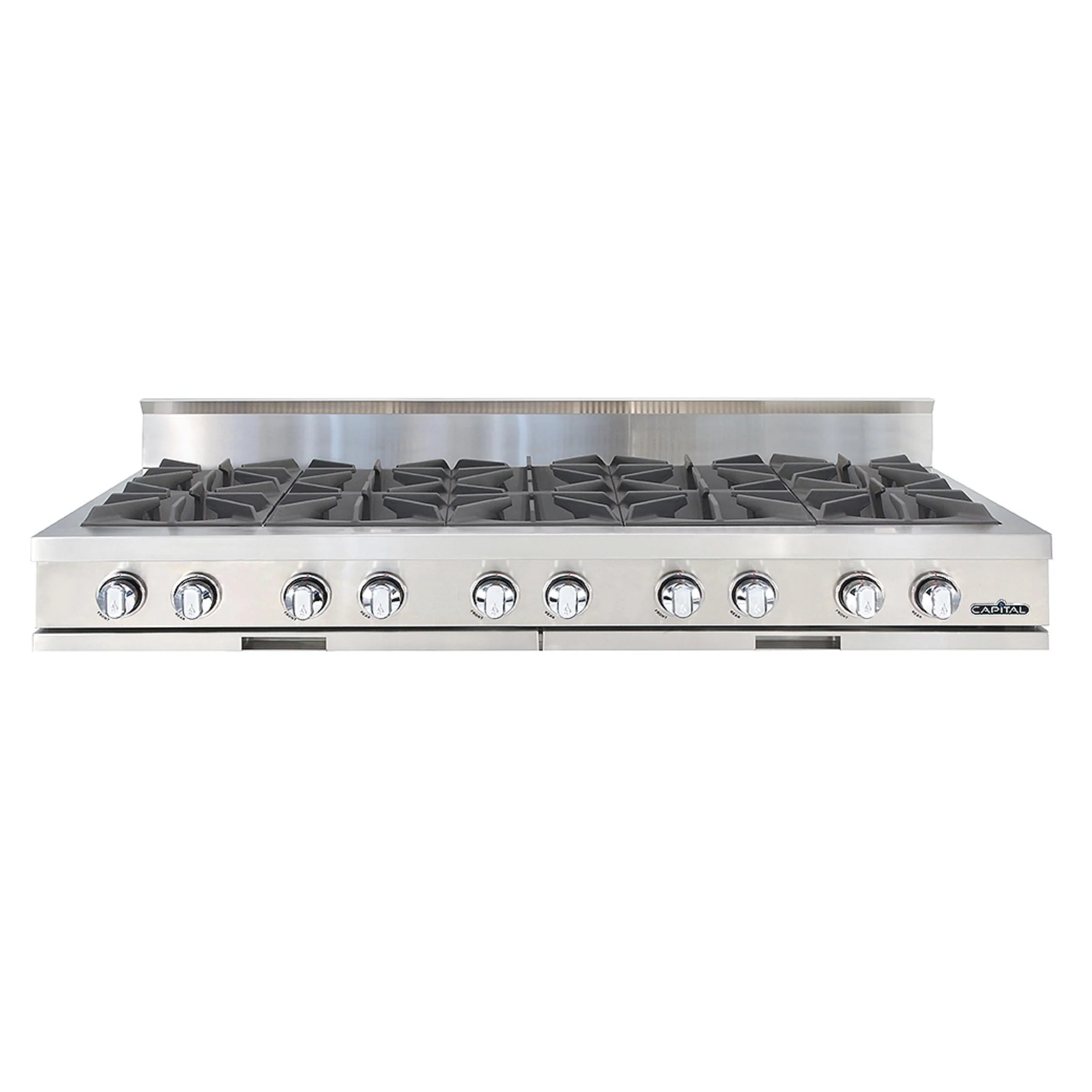 Stainless steel 10-burner rangetop with black grates and control knobs