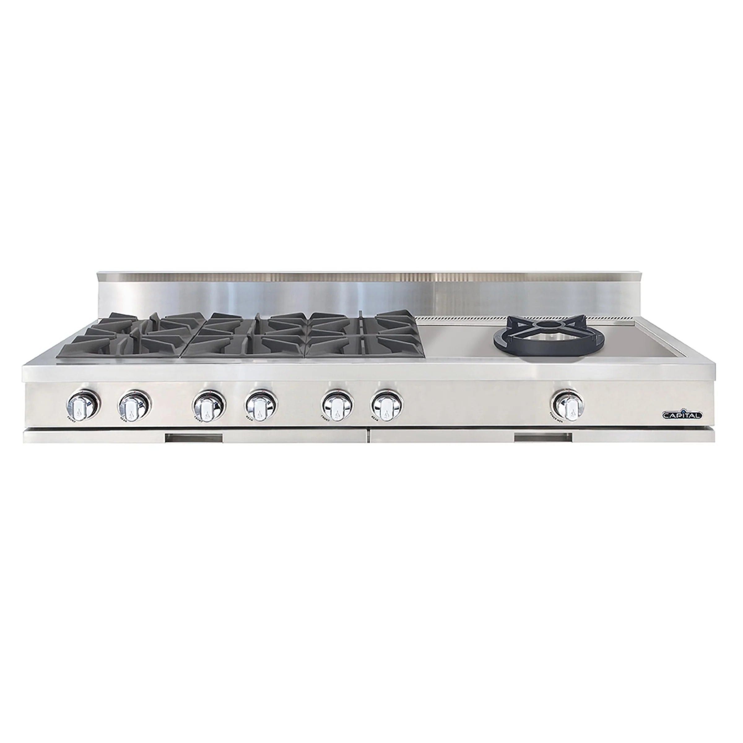 Stainless steel 60-inch gas rangetop with 8 open burners and control knobs