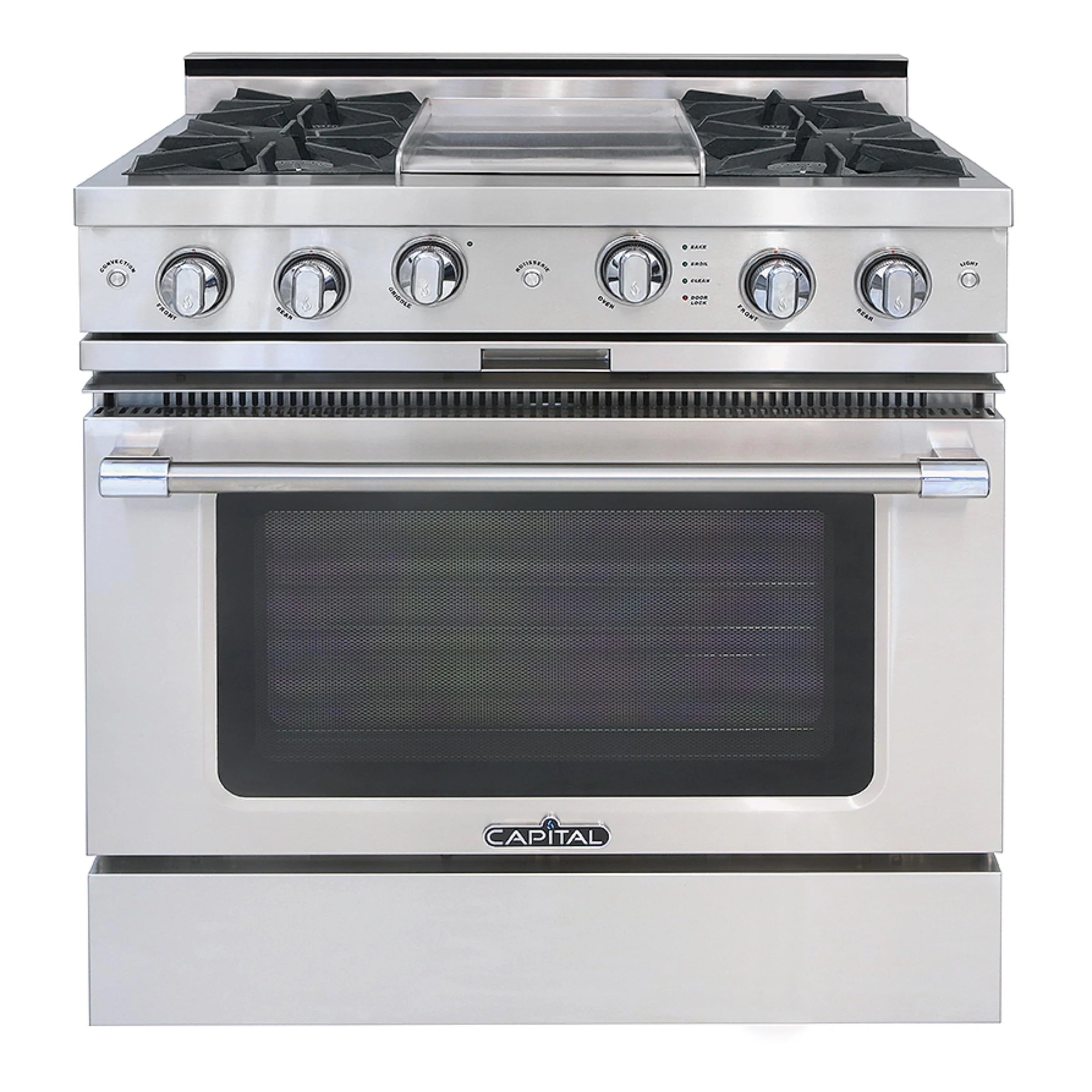 Stainless steel gas range with four burners, griddle, and oven door